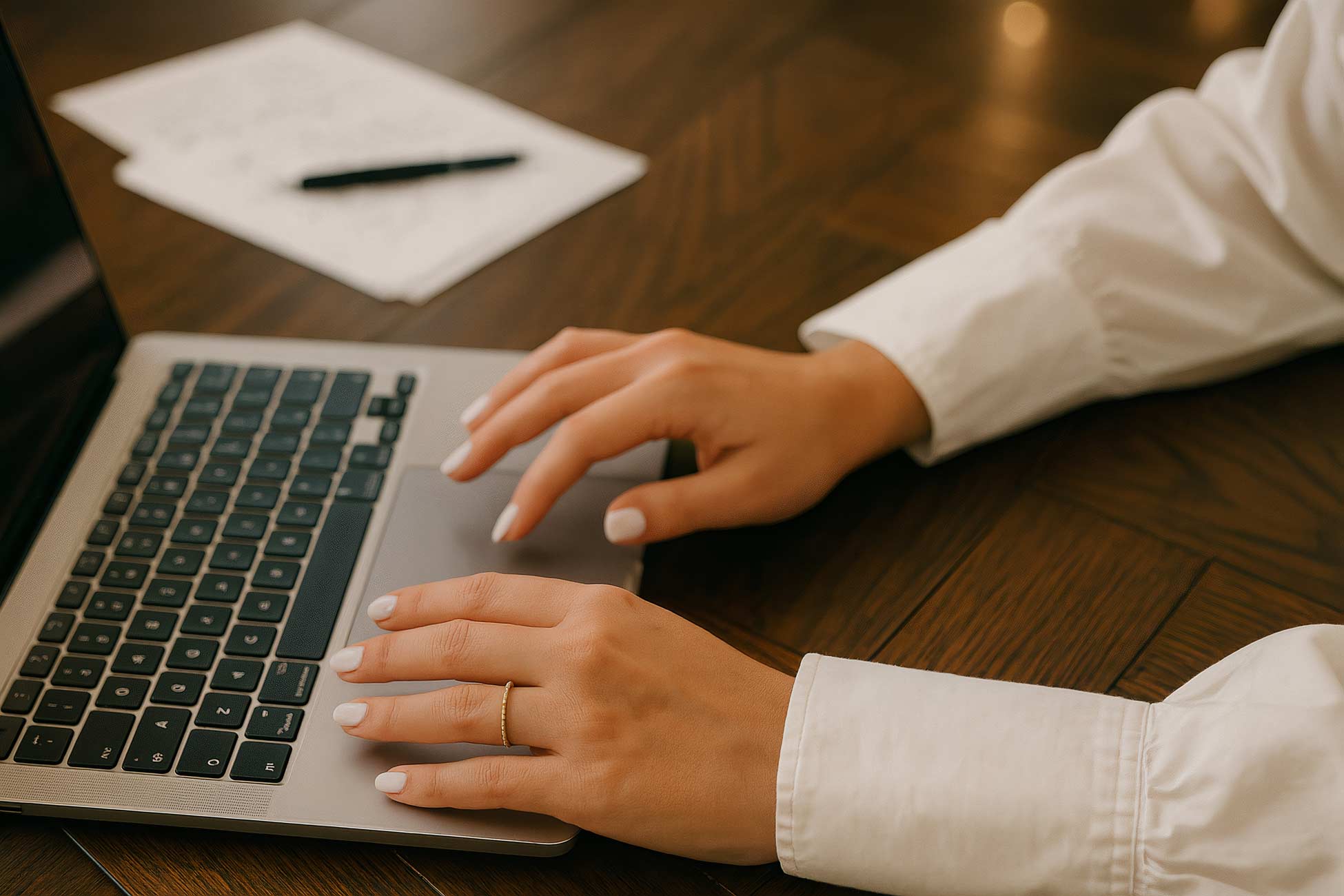 Hand using laptop, touchpad, and keyboard on office desk