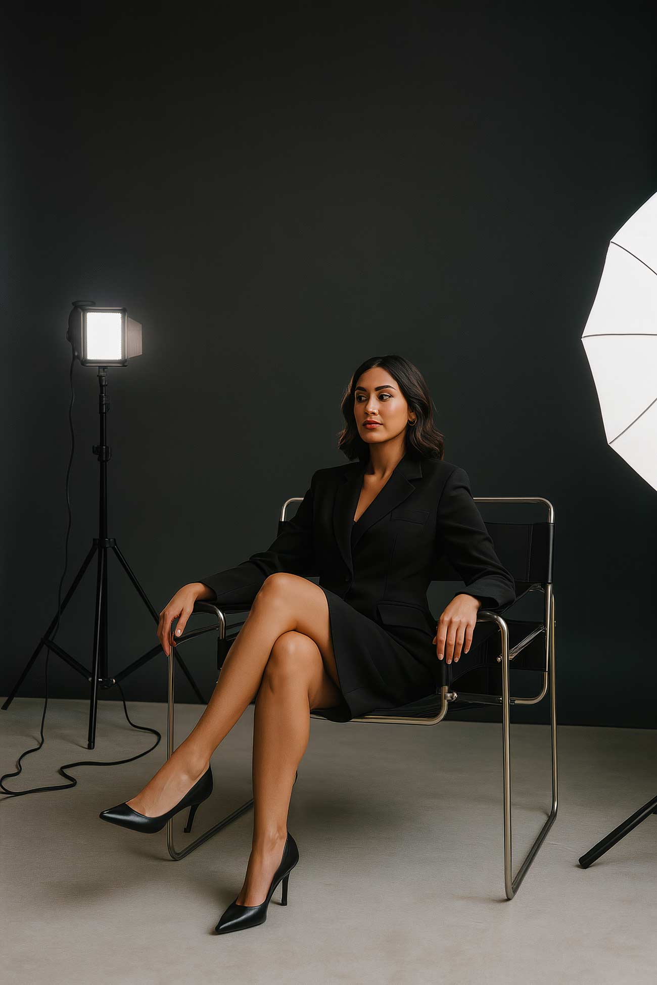 Fashion model in black blazer sitting on grey furniture