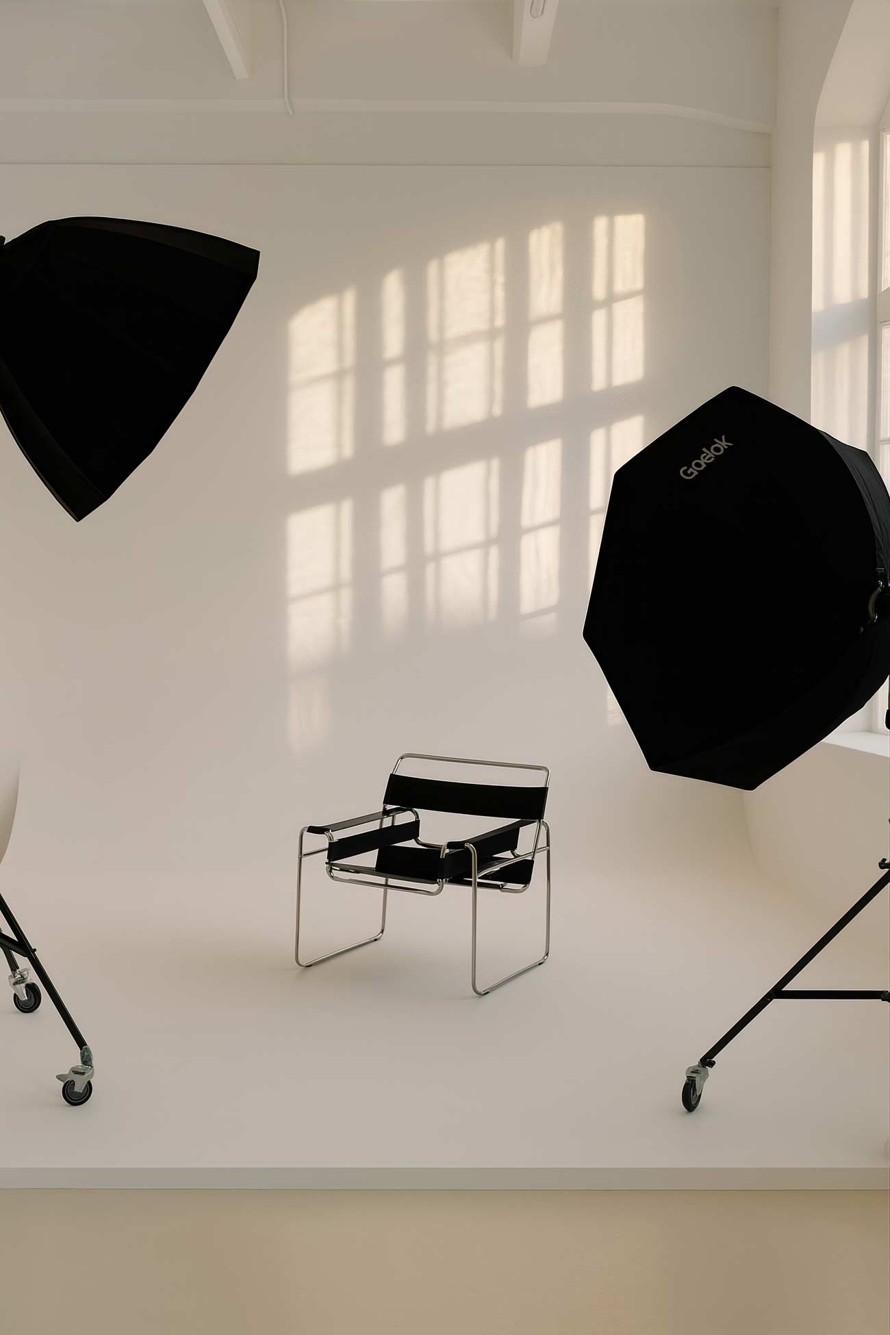 Monochrome interior with lamp, chair, sofa and shadows