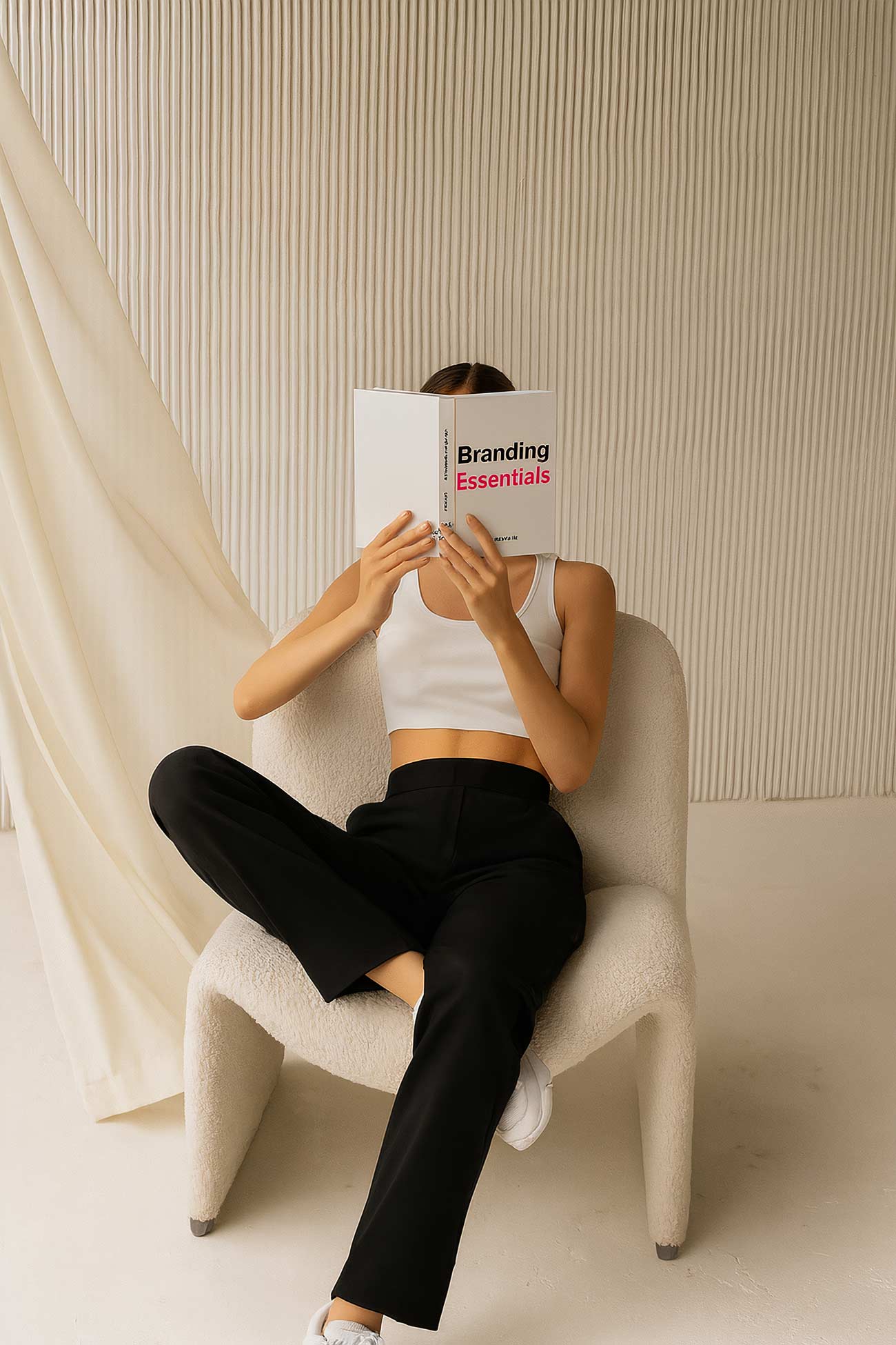 Fashion model sitting comfortably in active pants