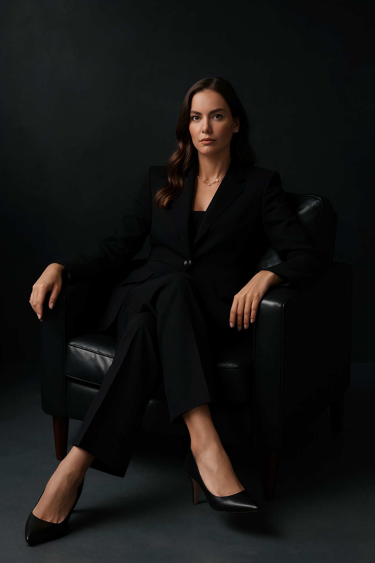 Fashion model in black and grey pantsuit sitting elegantly