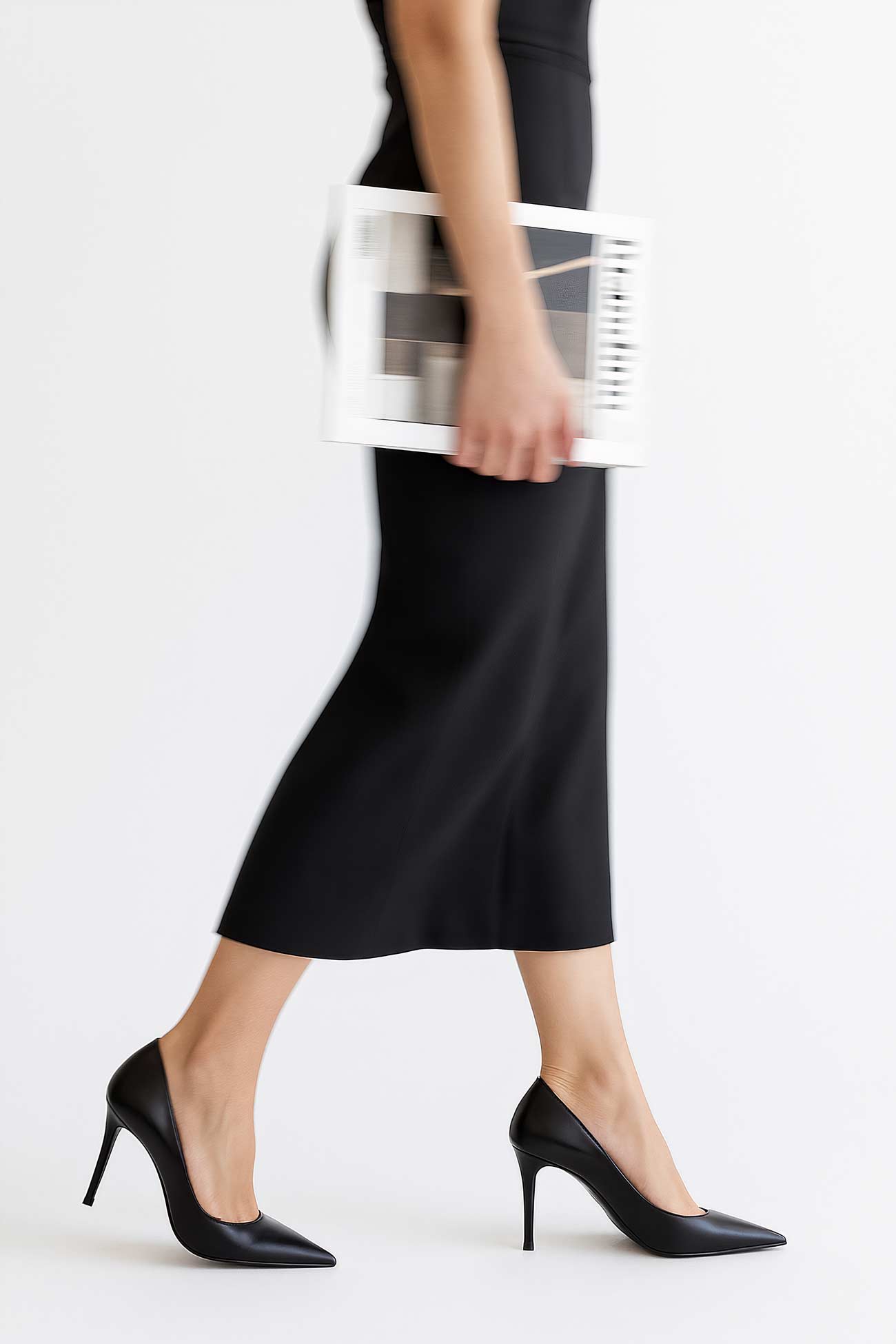 Silver leather pump sandal on elegant pencil skirt