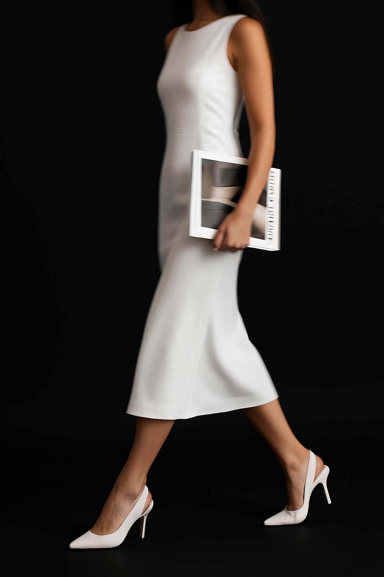Fashion model in black cocktail dress and high-heeled shoe