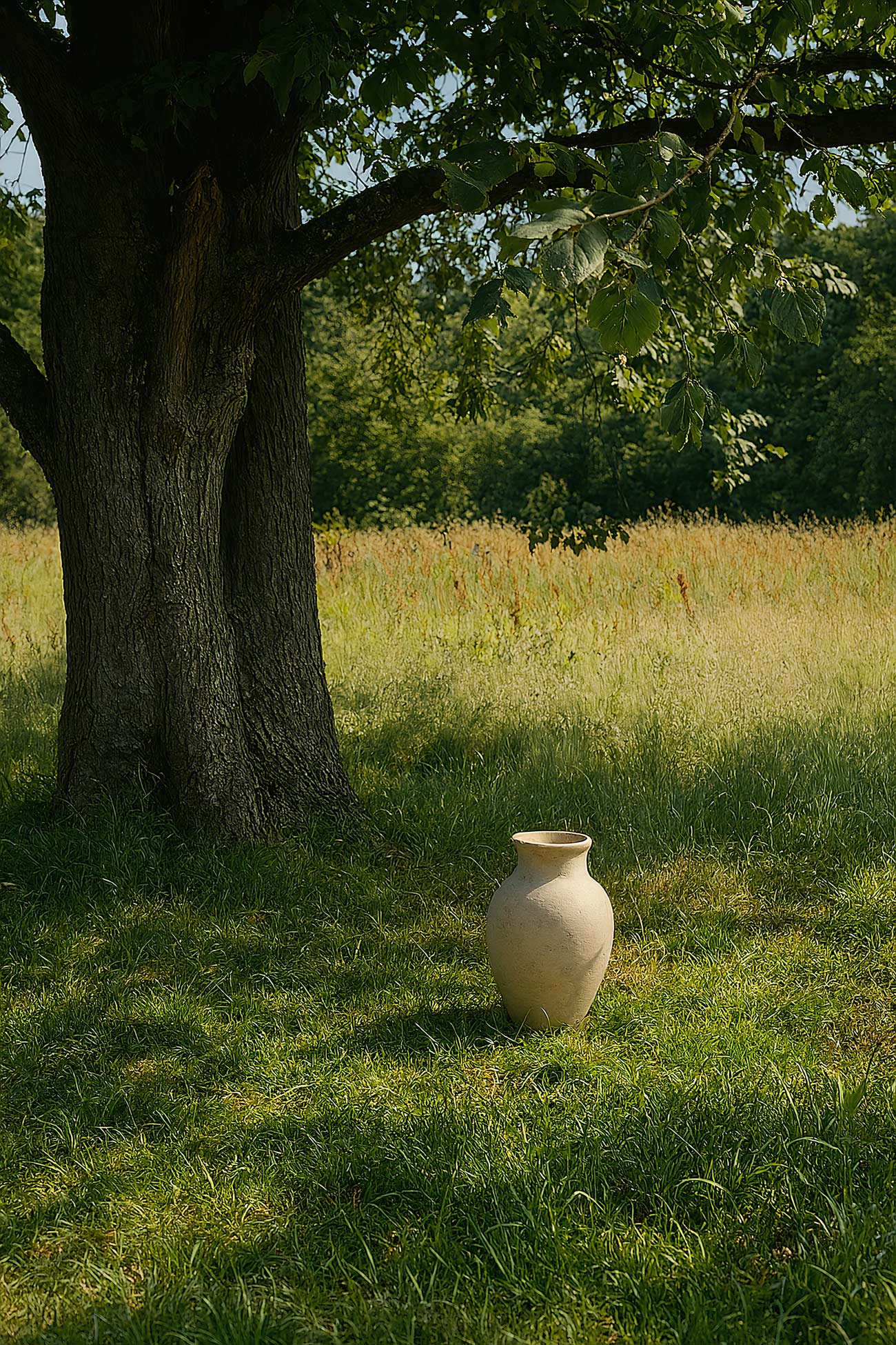 Green meadow with pottery urns, stoneware decor, and trees in sunlight