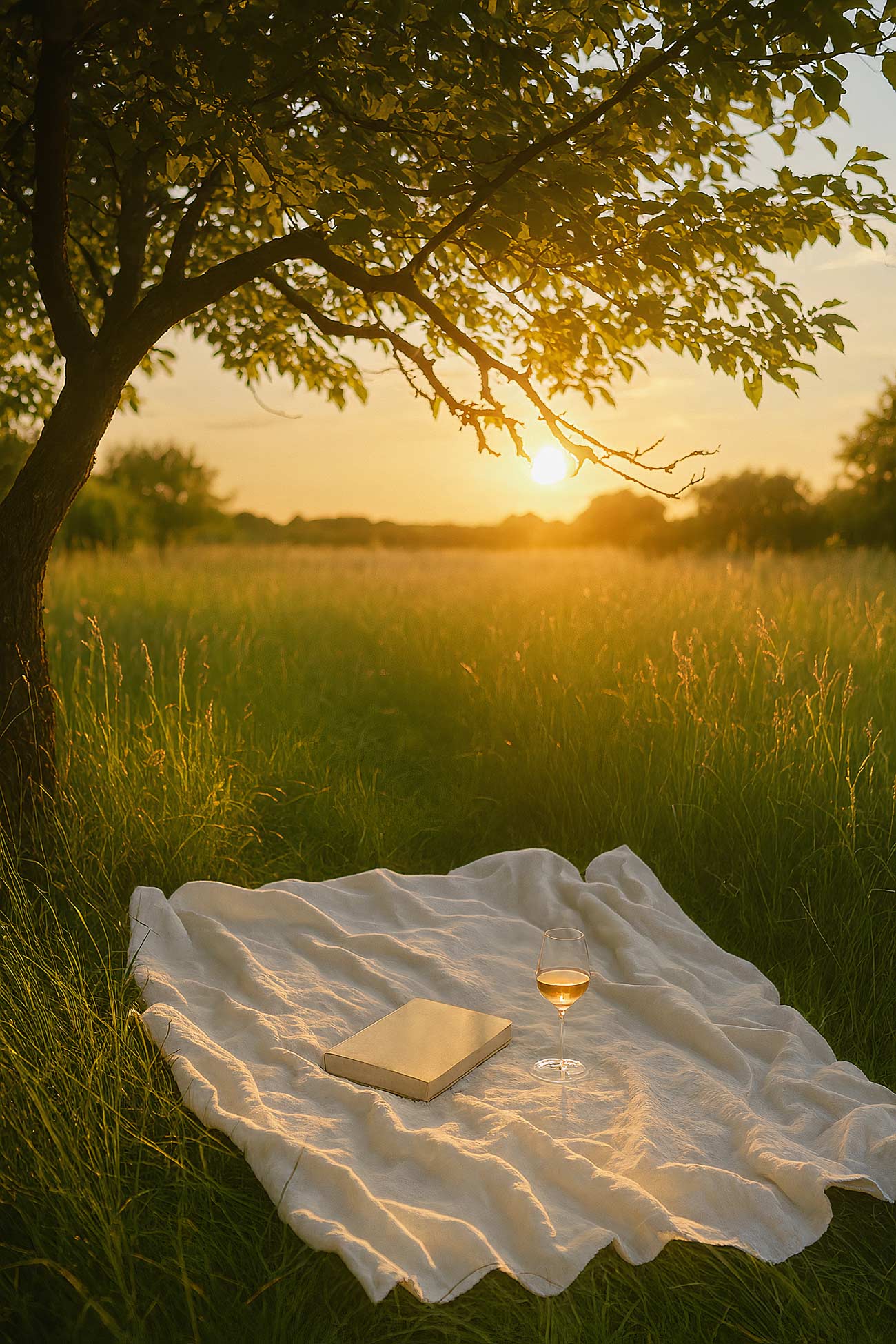 Sunlit meadow with grass, trees, and sunset