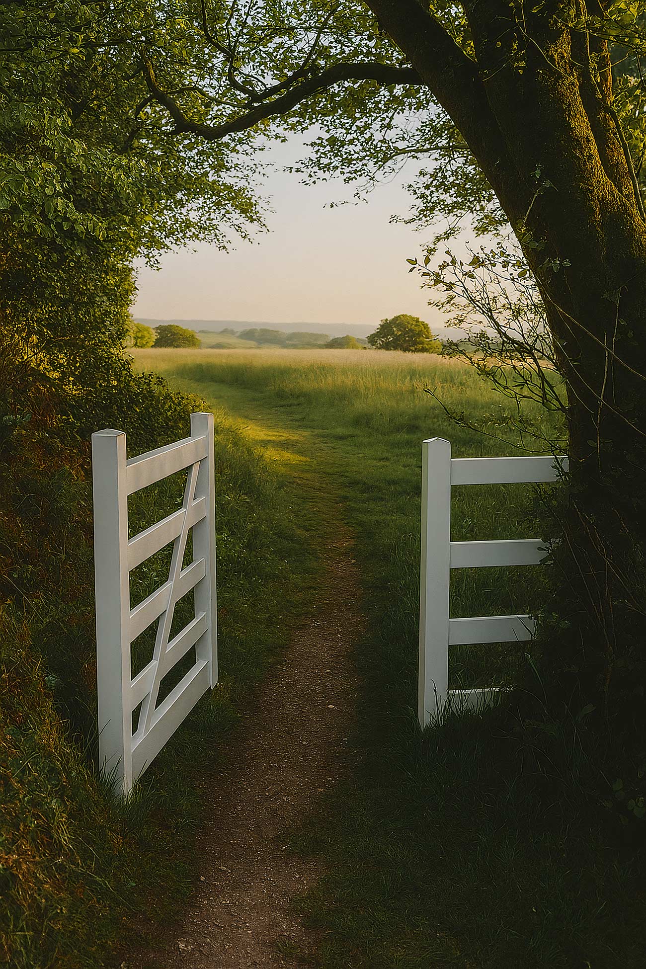 Grassland with fence, trees, morning sunlight