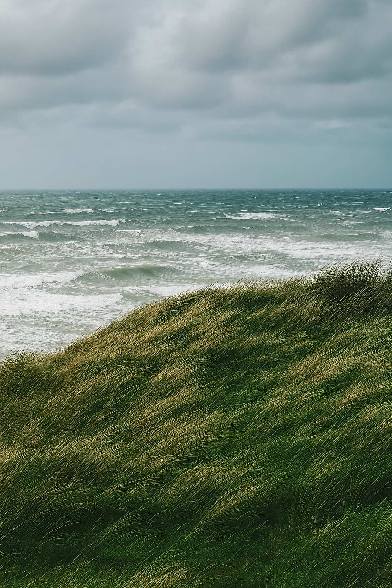 Ocean horizon with clouds, waves, shore, and beach ridge