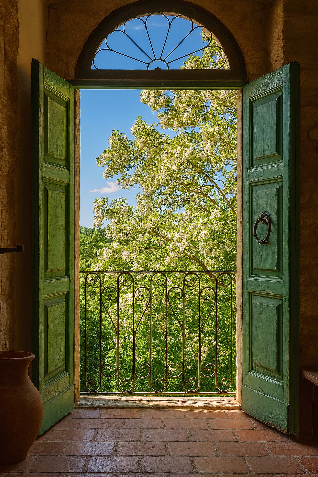 Green wood arch door with glass panel and iron details