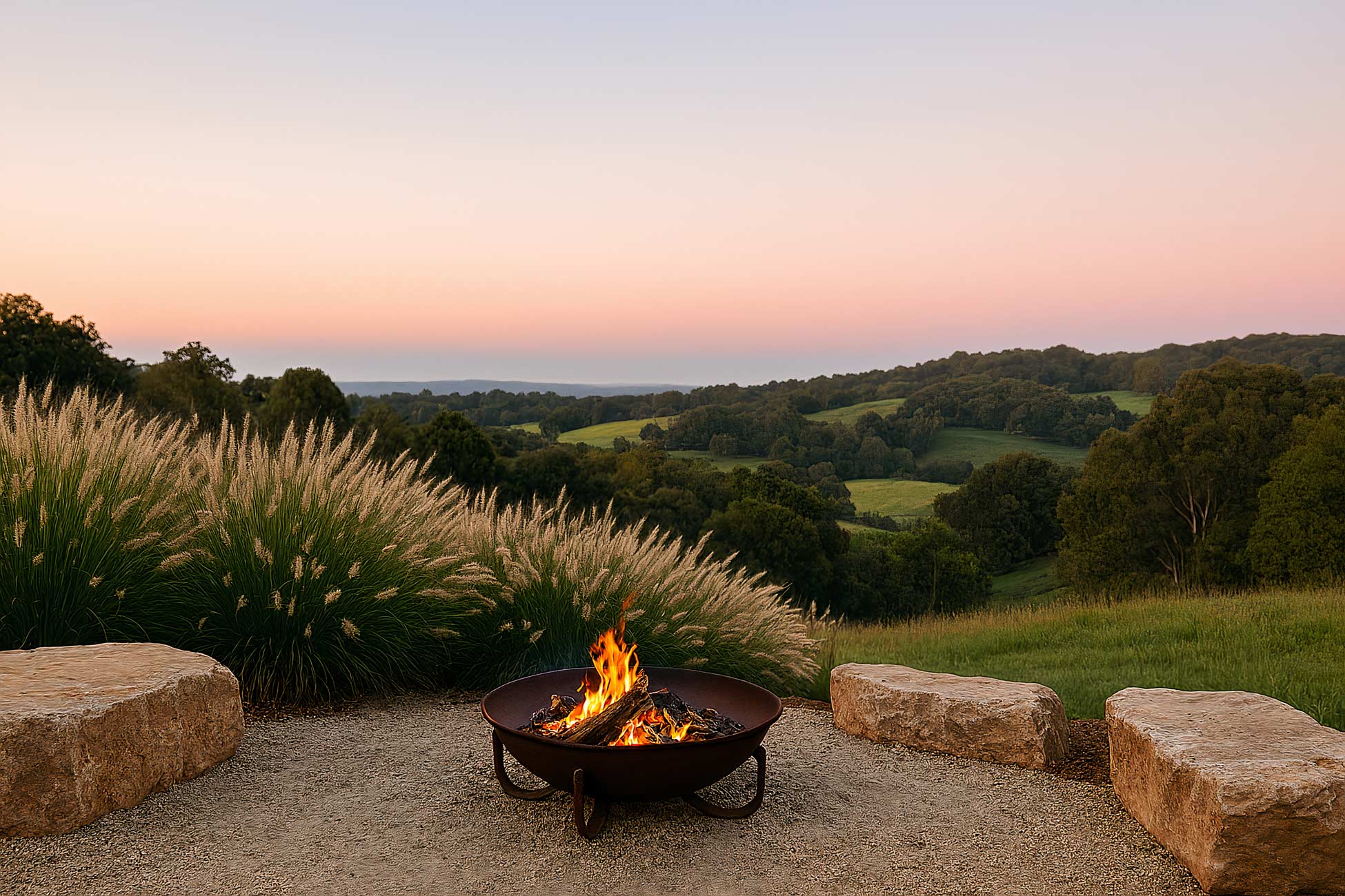 Campfire at sunset with trees and grass