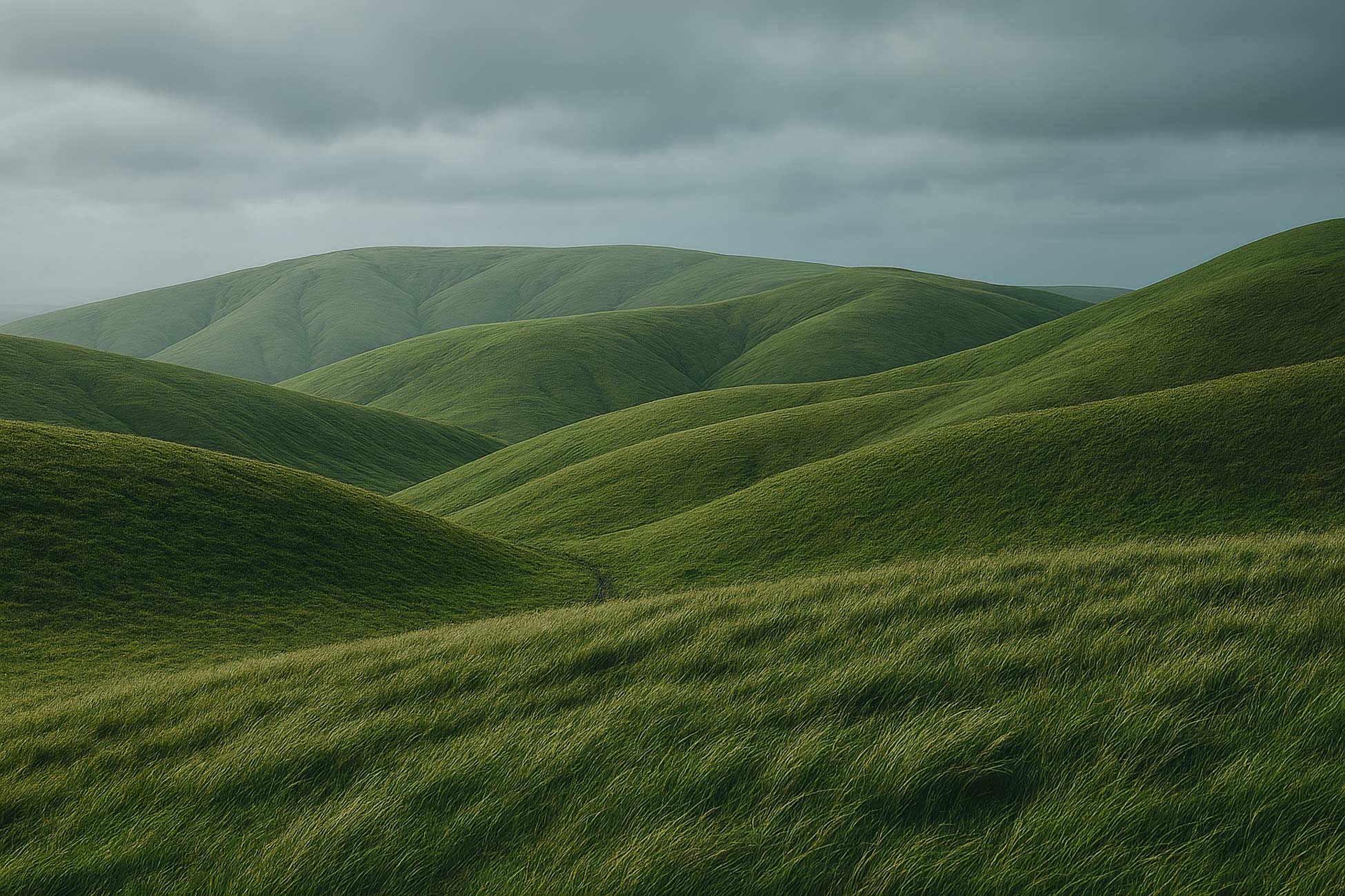 Green grass on rolling hills in a highland landscape