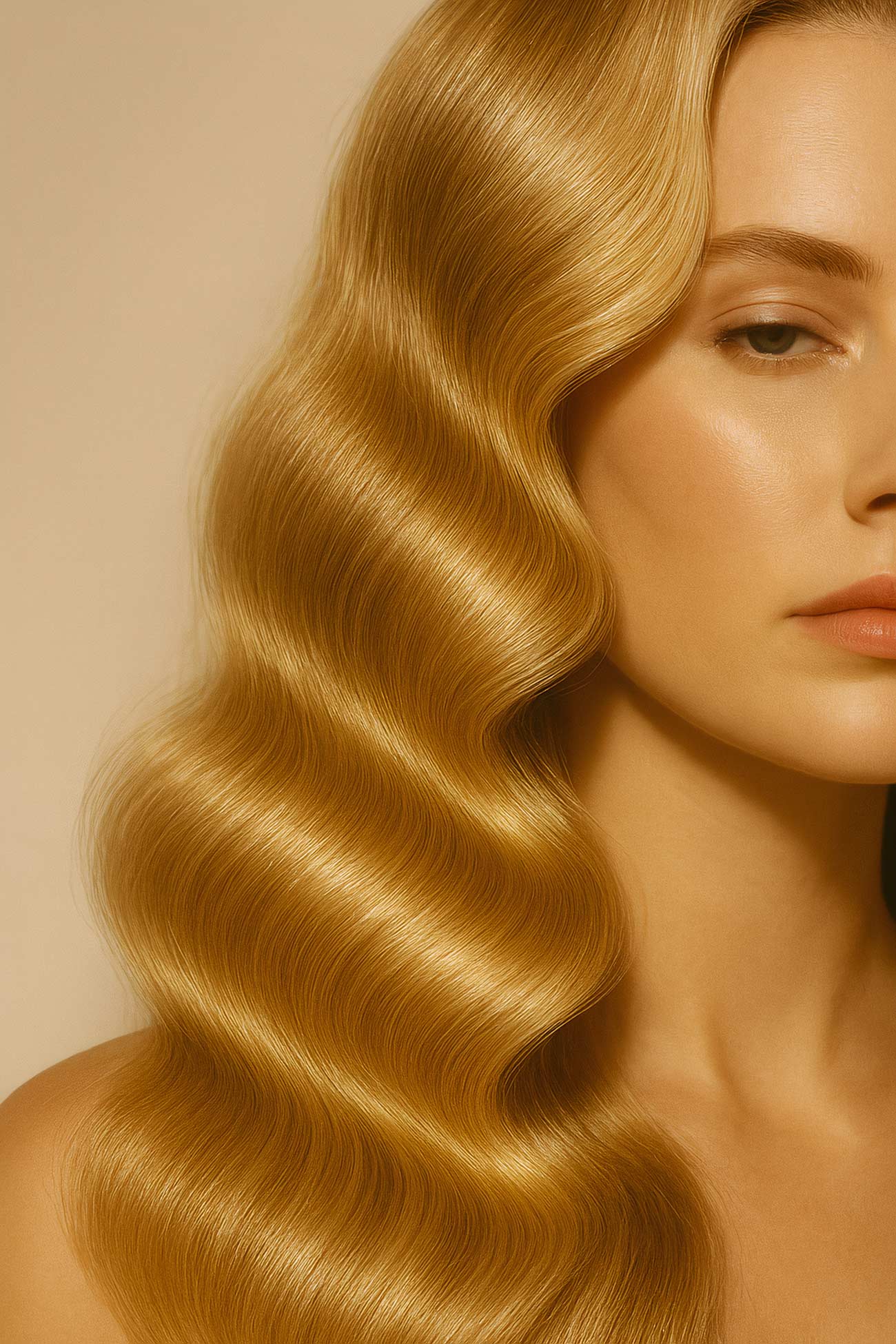 Blond model with long, brown ringlet hair and eyelash extensions