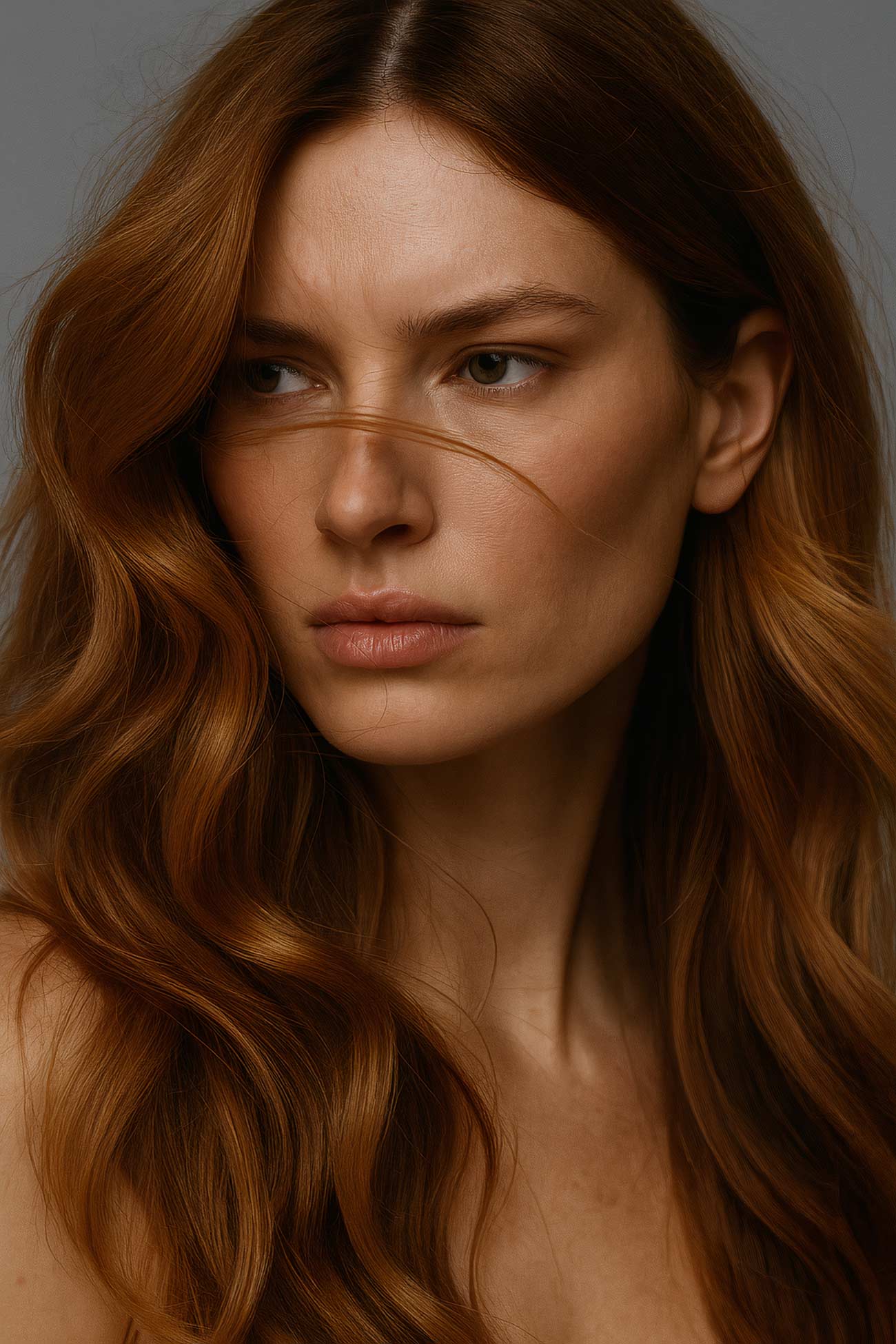 Girl with long brown hair, defined eyebrows, and flawless skin