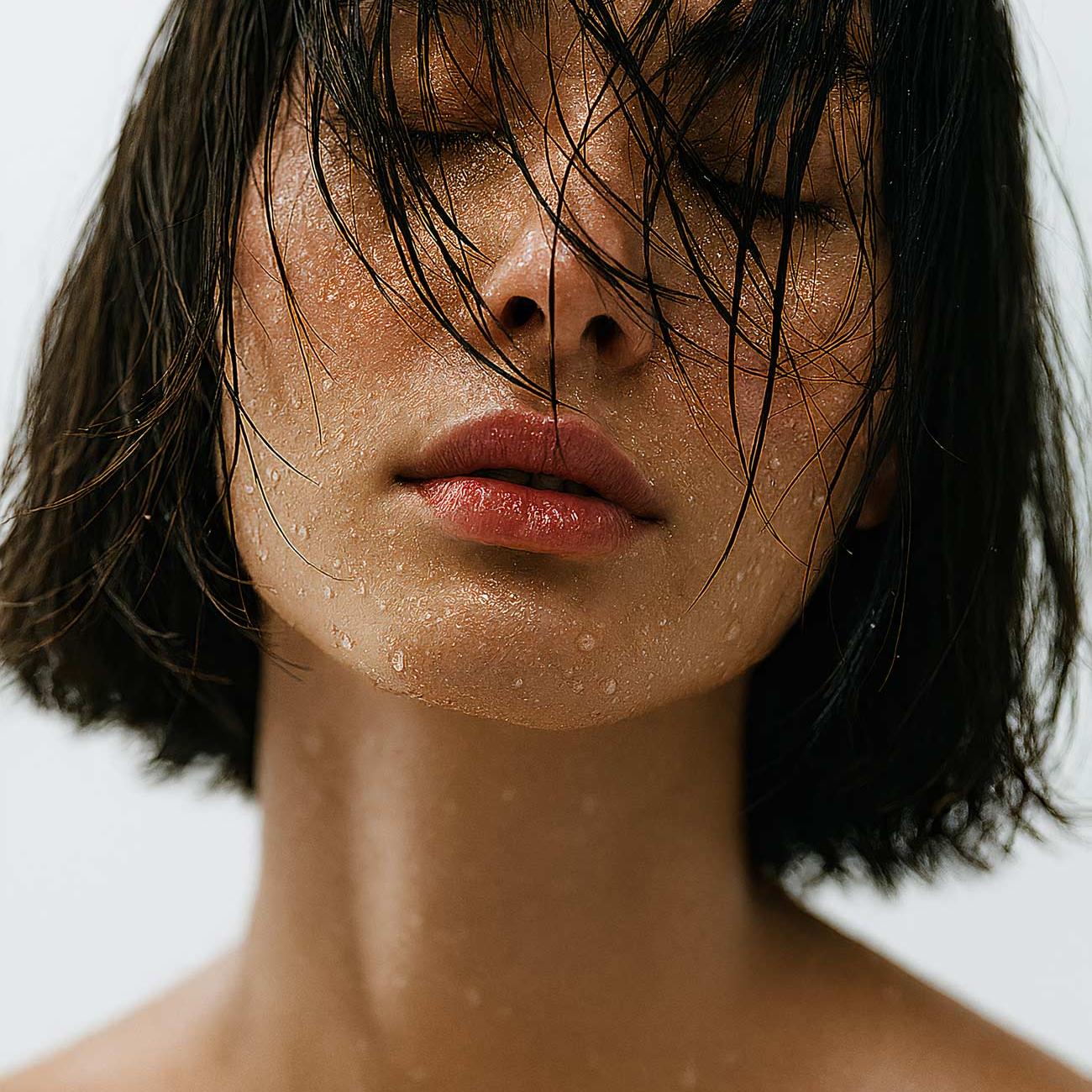 Girl with black hair, lips, and skin in close-up portrait