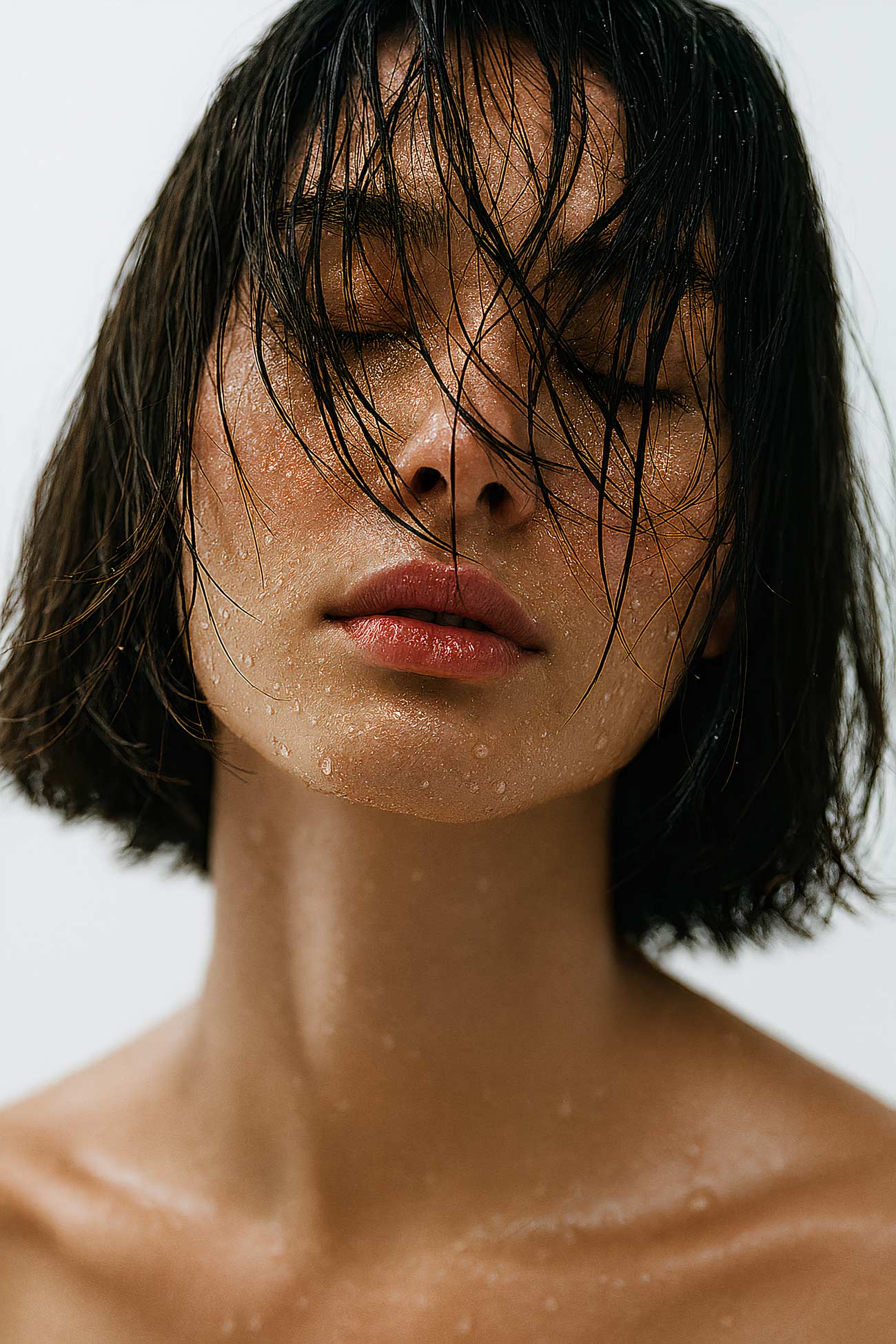 Girl with black hair, lips, and skin in close-up portrait