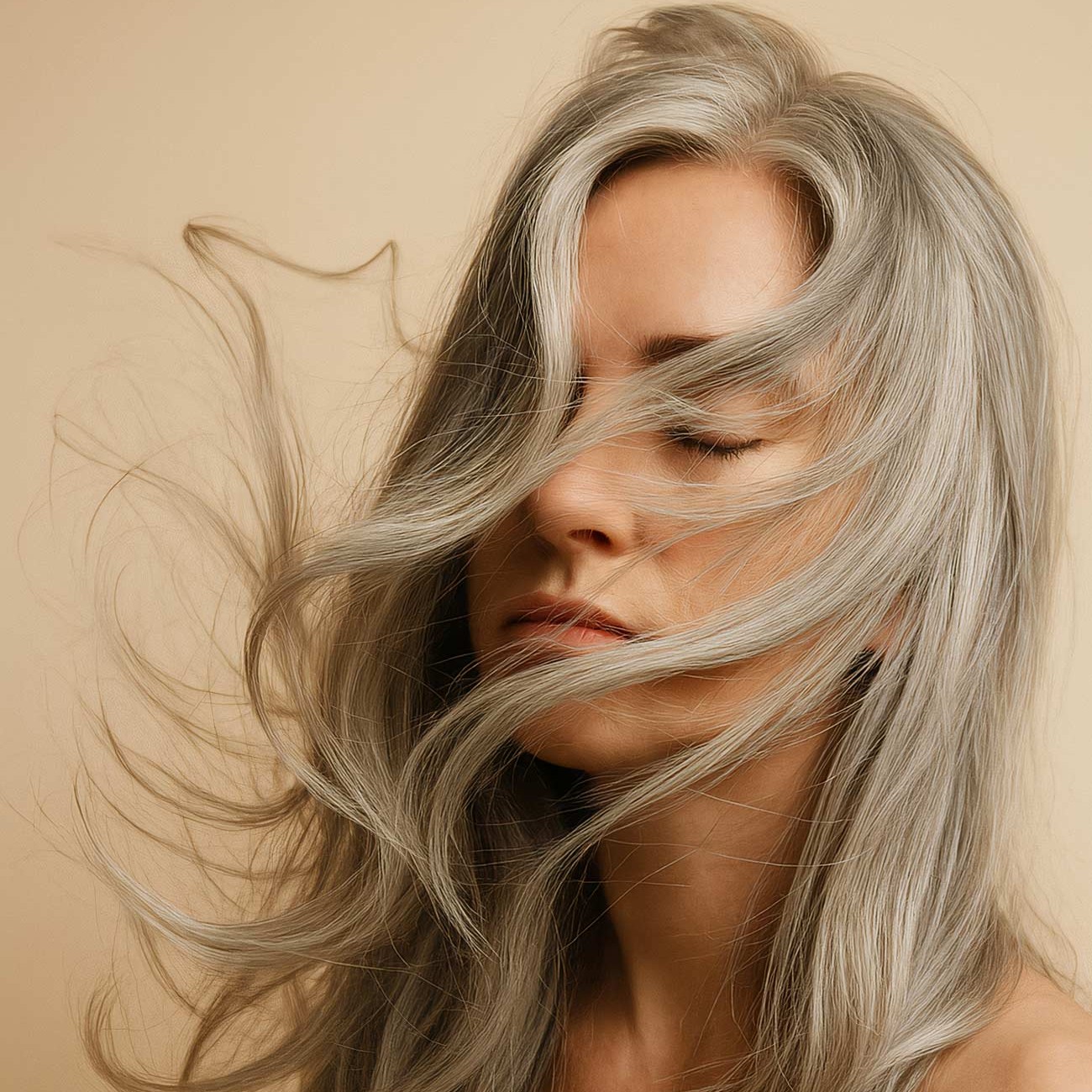 Blond girl with long layered hair and grey eyes