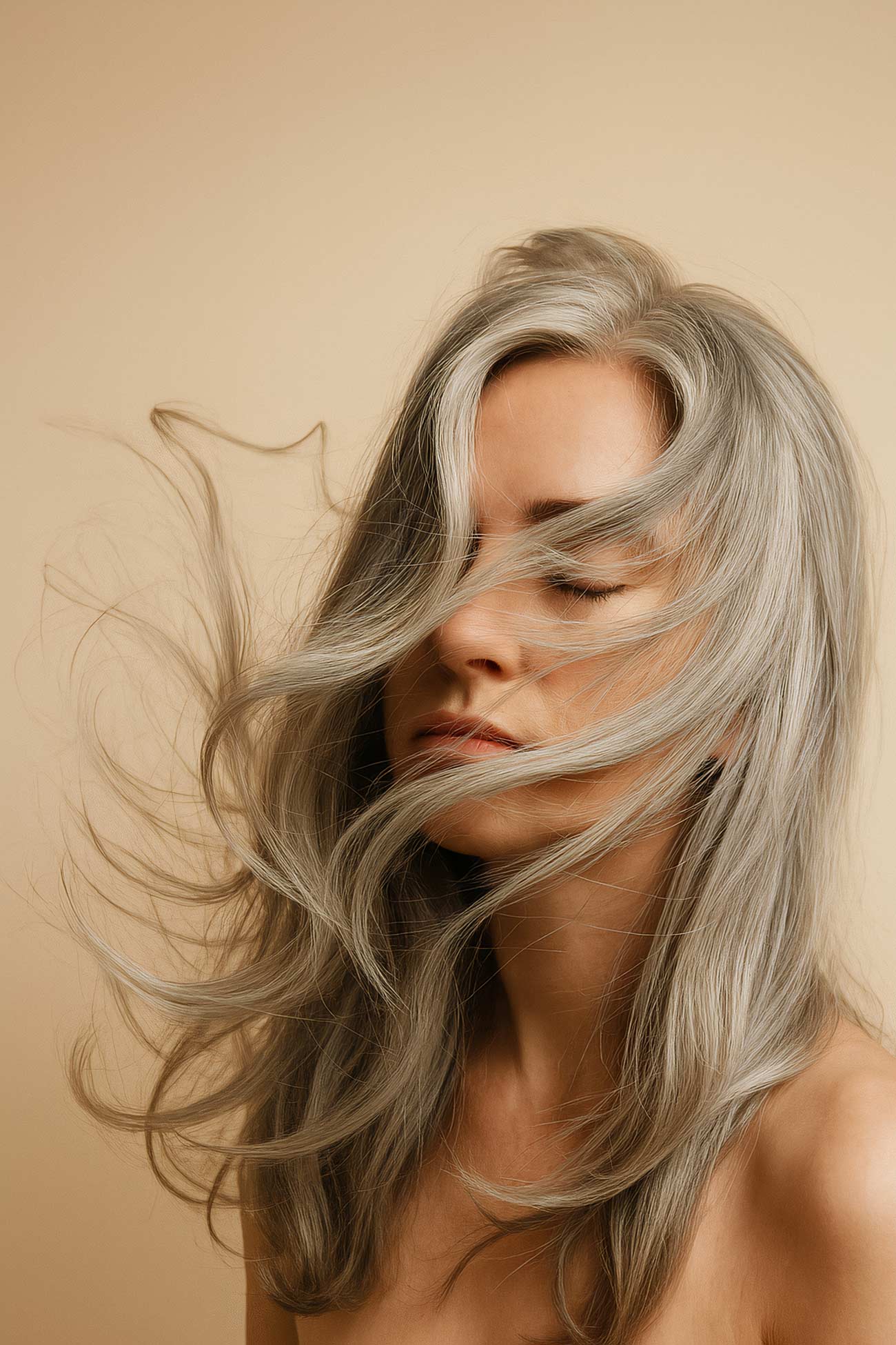 Blond girl with long layered hair and grey eyes