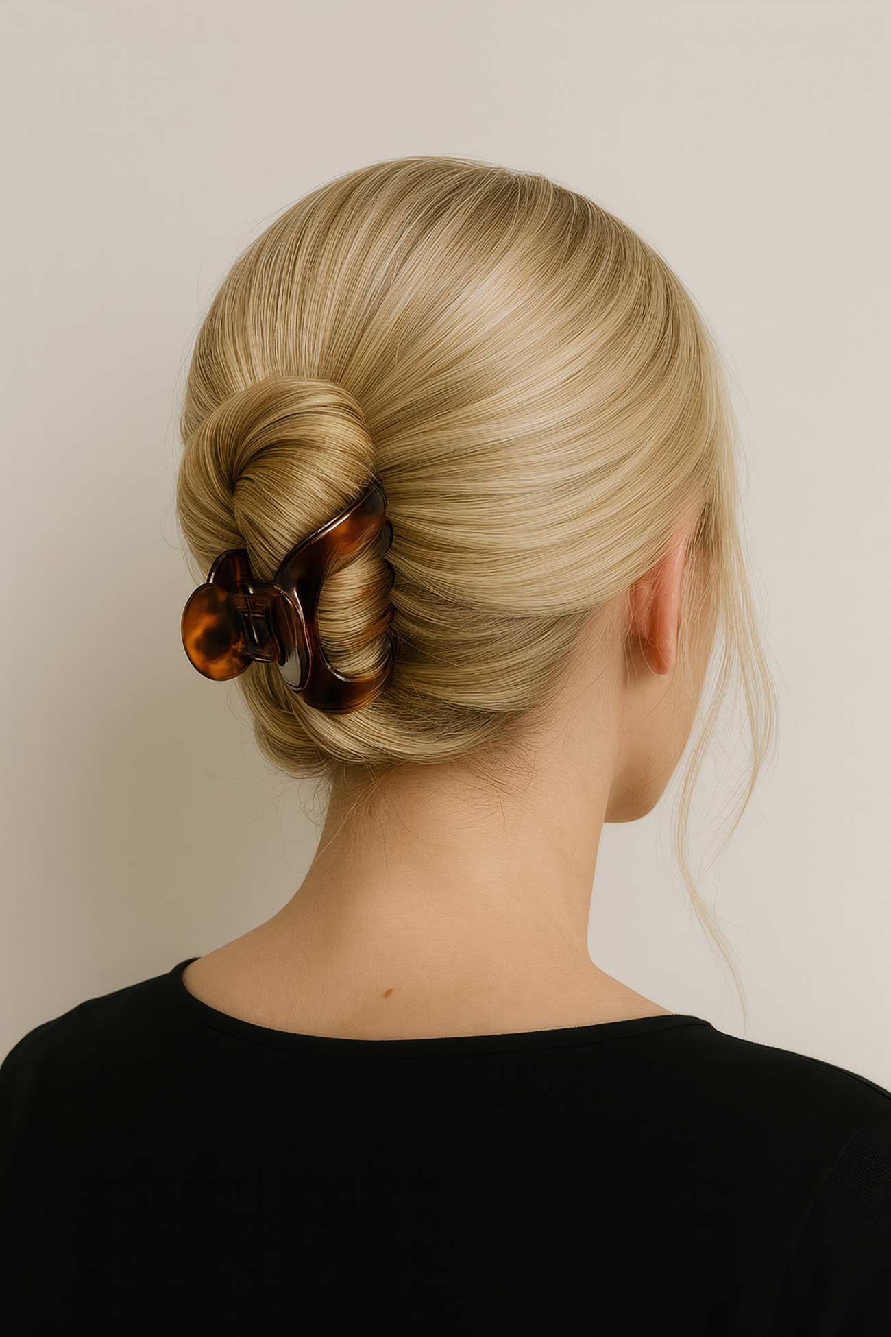 Girl with brown chignon, braid, headpiece, hair tie, and earring