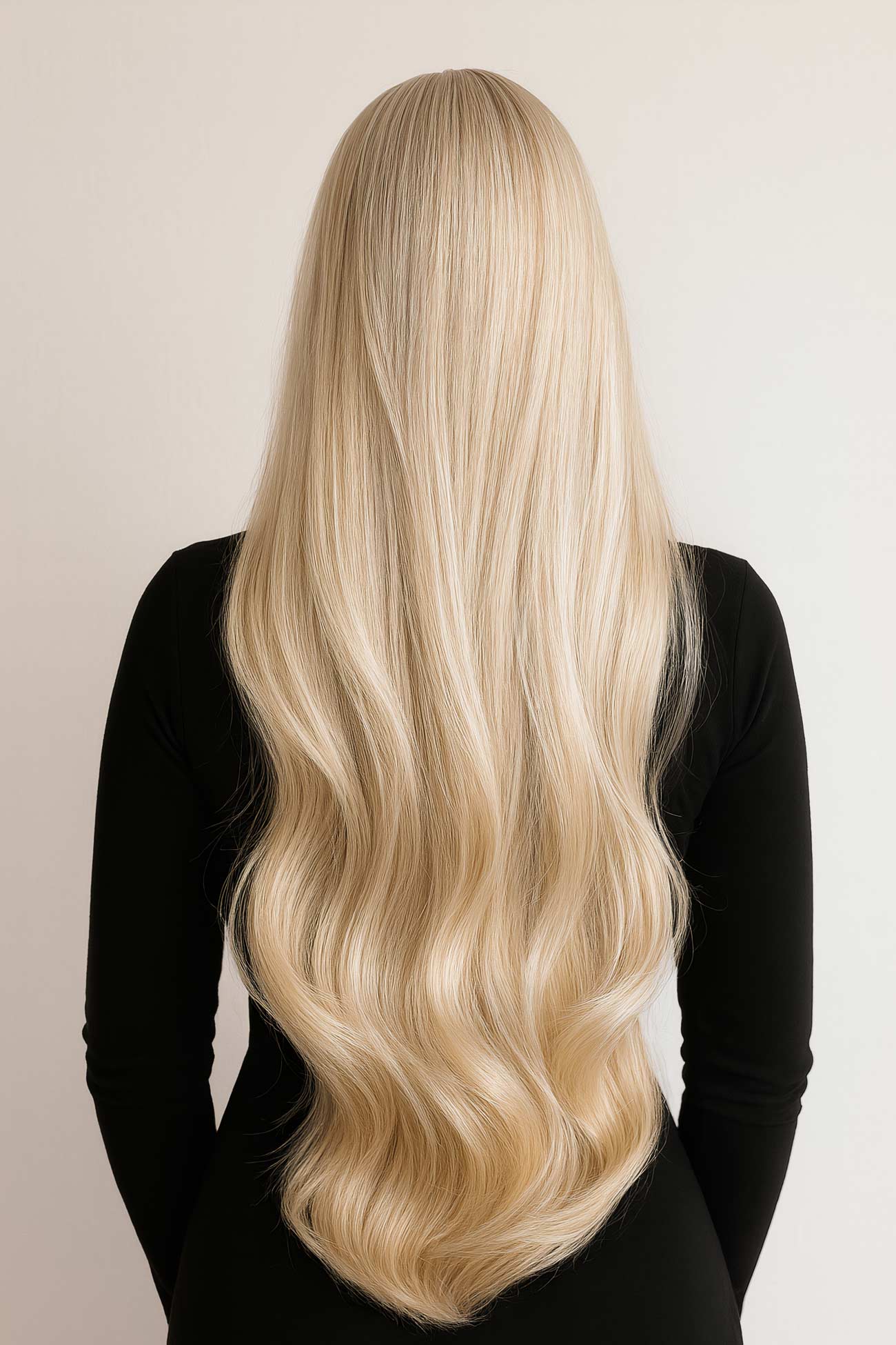 Blond wig with long, layered hair, artificial hair integrations