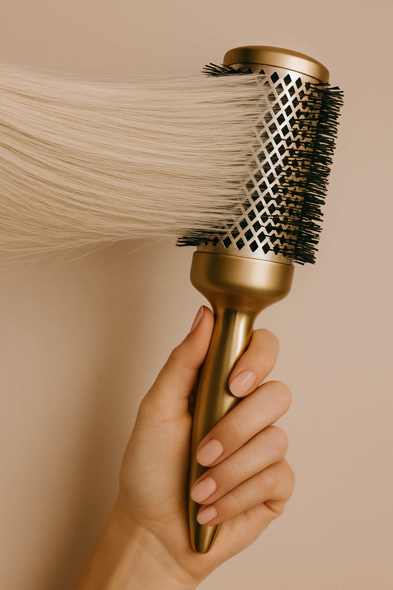 Blond hair with brush, comb, cosmetics, hair dryer, nail products