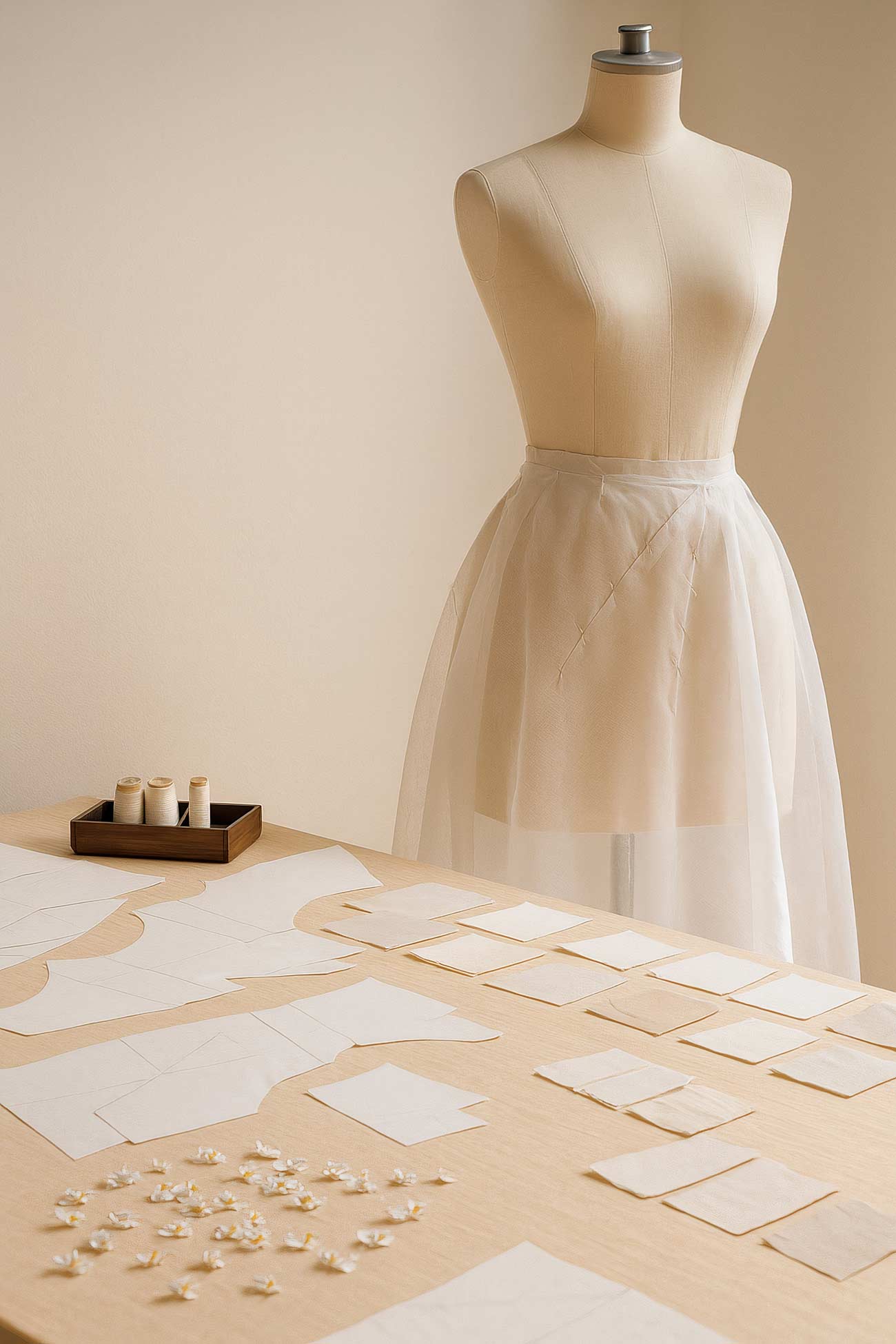 Elegant wedding gown on wood flooring