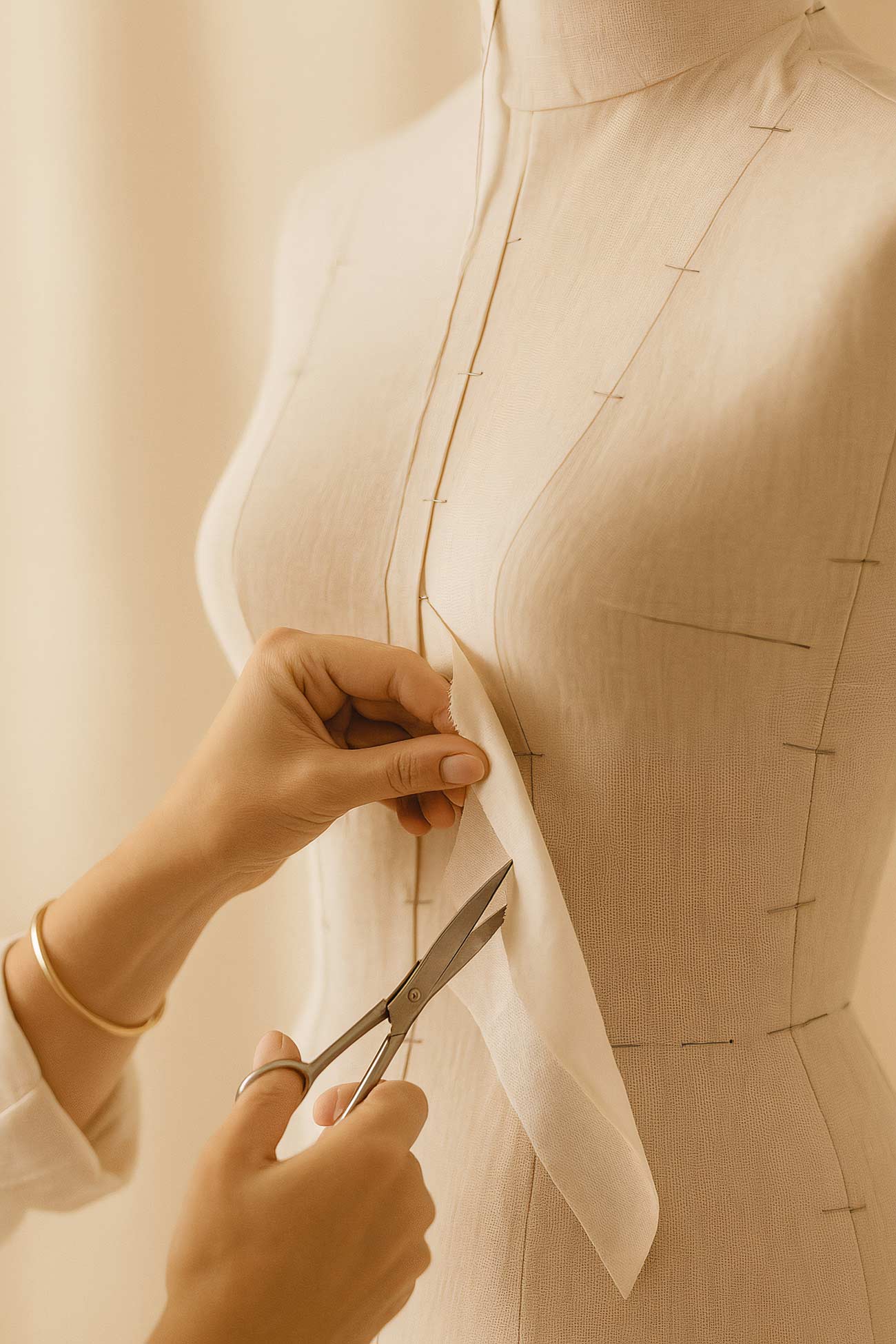 Mannequin displaying collar button, human hand adjusting, trendy fashion concept