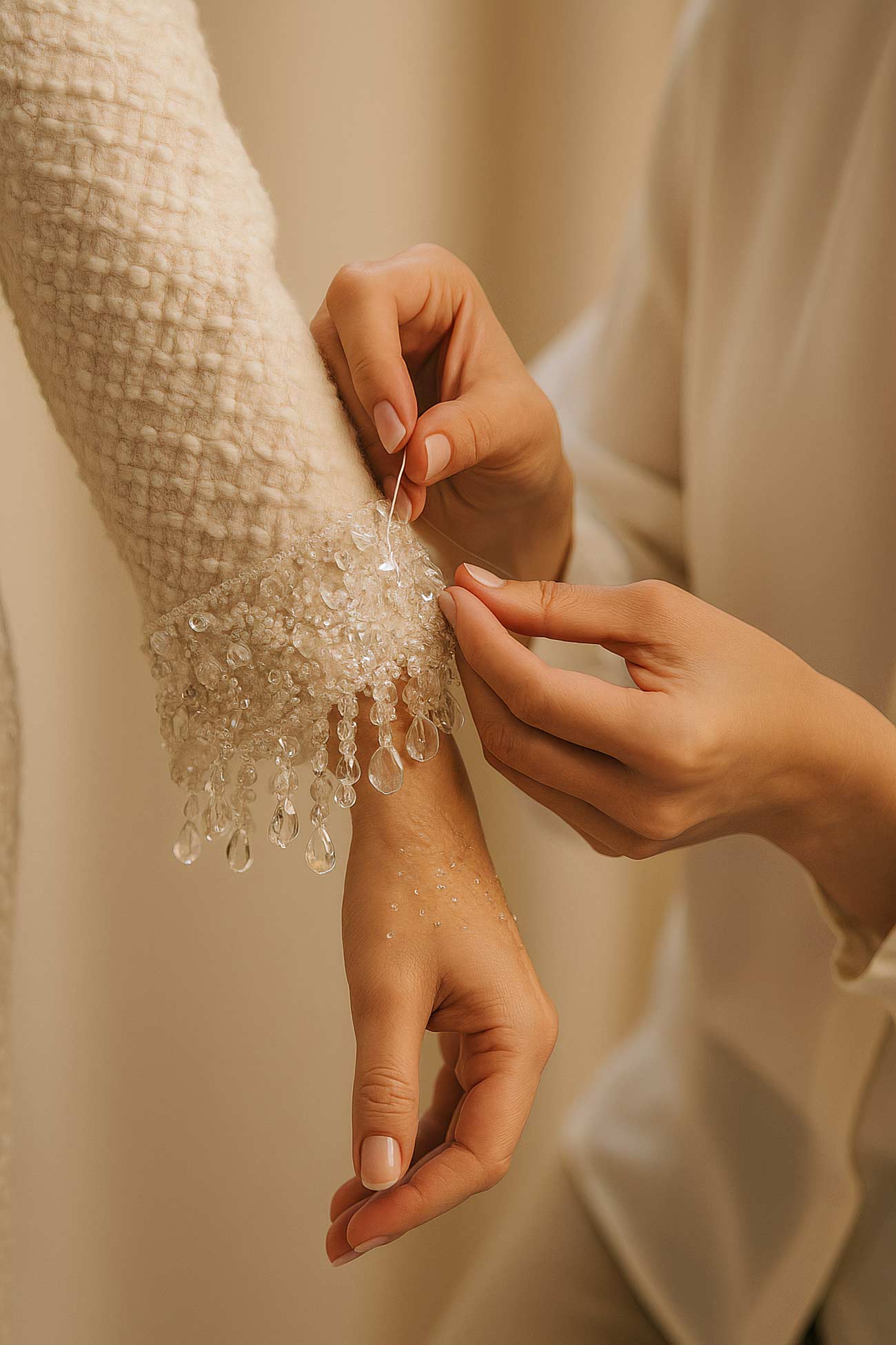 Hand crafting woolen lace with pearls, crochet embellishment