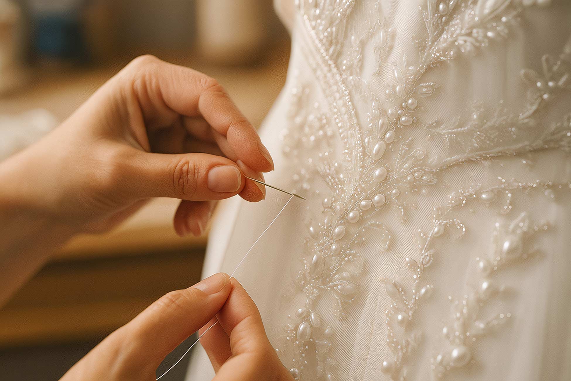 Bride in elegant wedding dress with embellishments