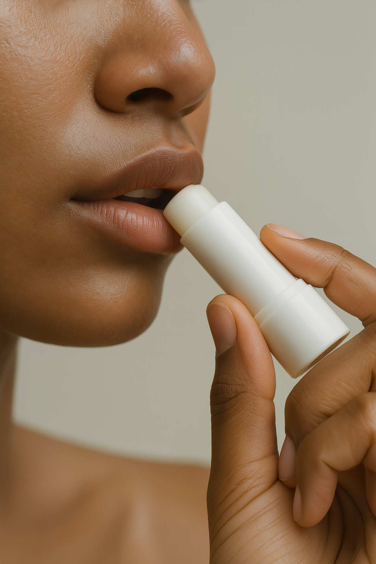 Girl applying lip care cosmetics