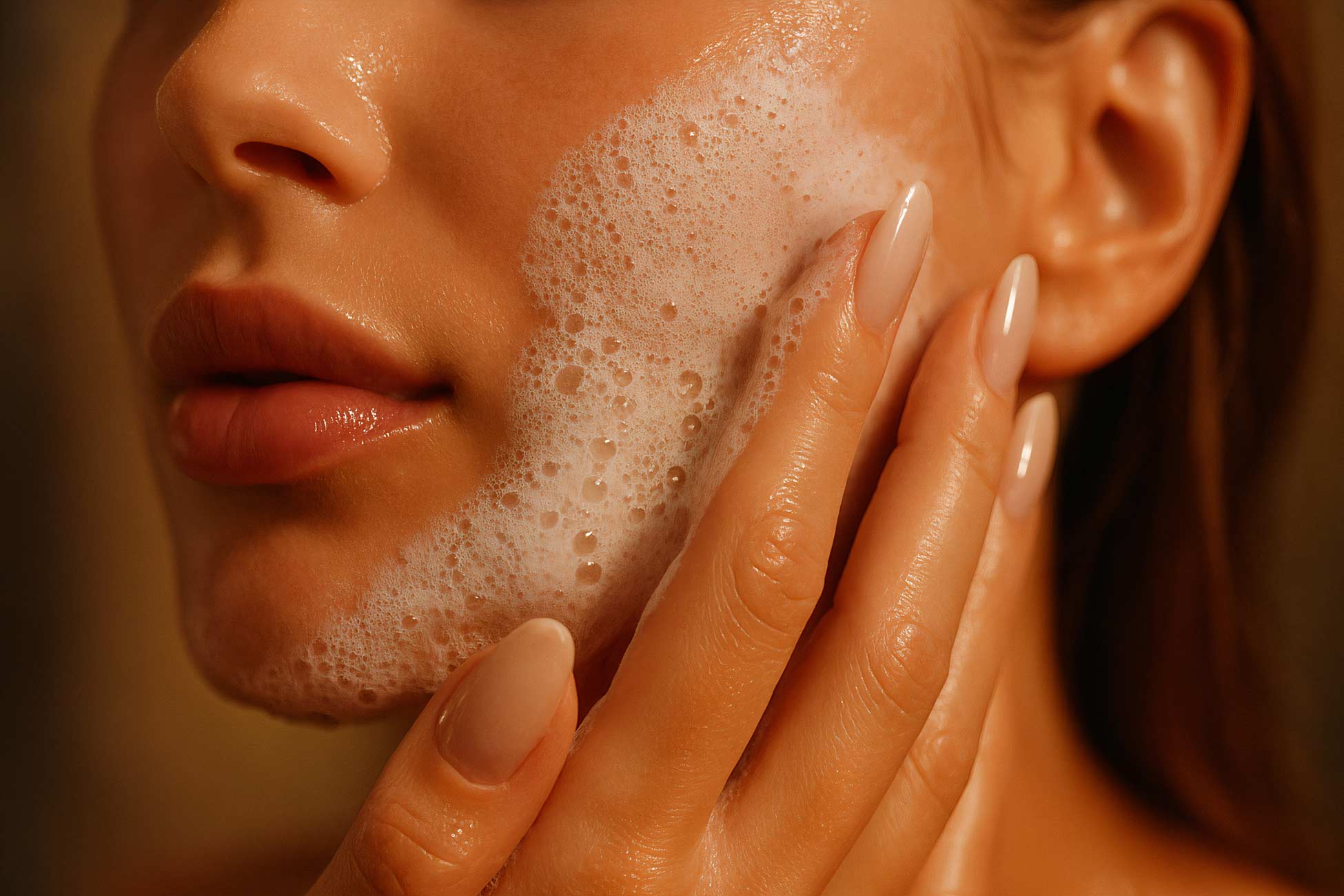 Close-up of lips, neck, eyelash with cosmetics and powder