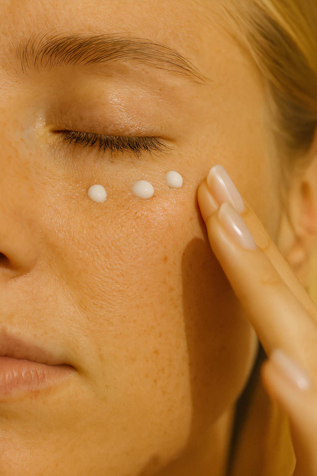 Close-up of facial expression with cosmetics and personal care products