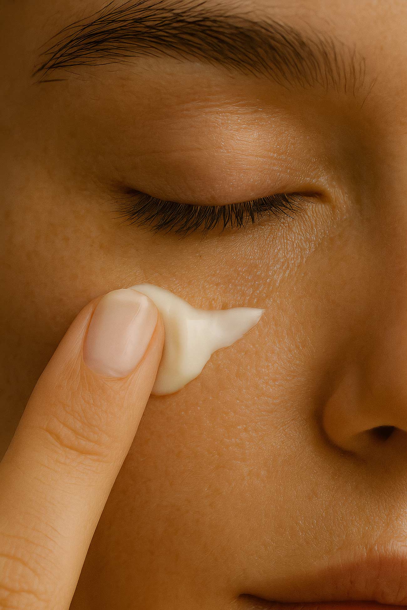 Close-up of person applying cosmetic cream