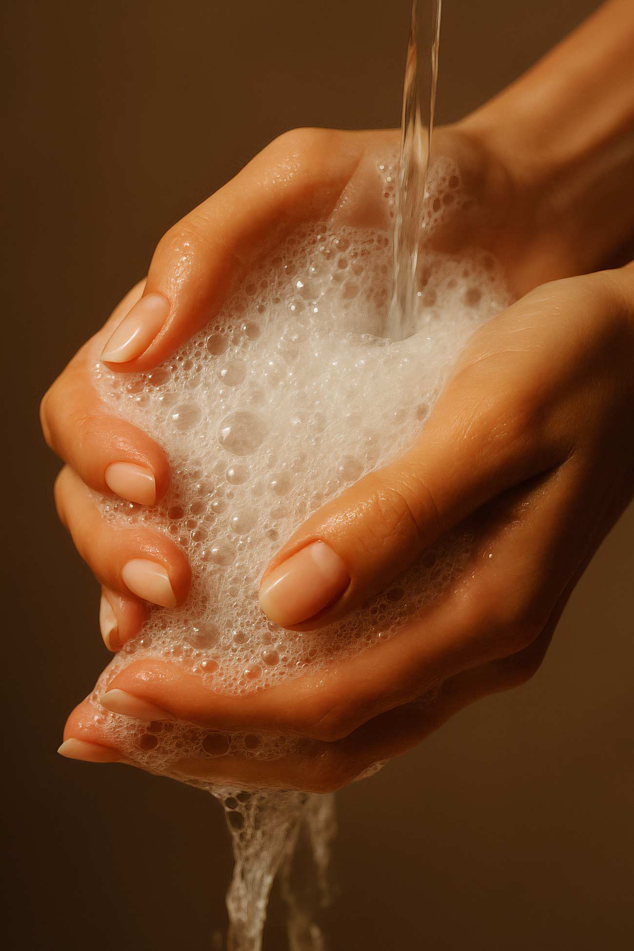 Hand covered in foamy bubbles during washing