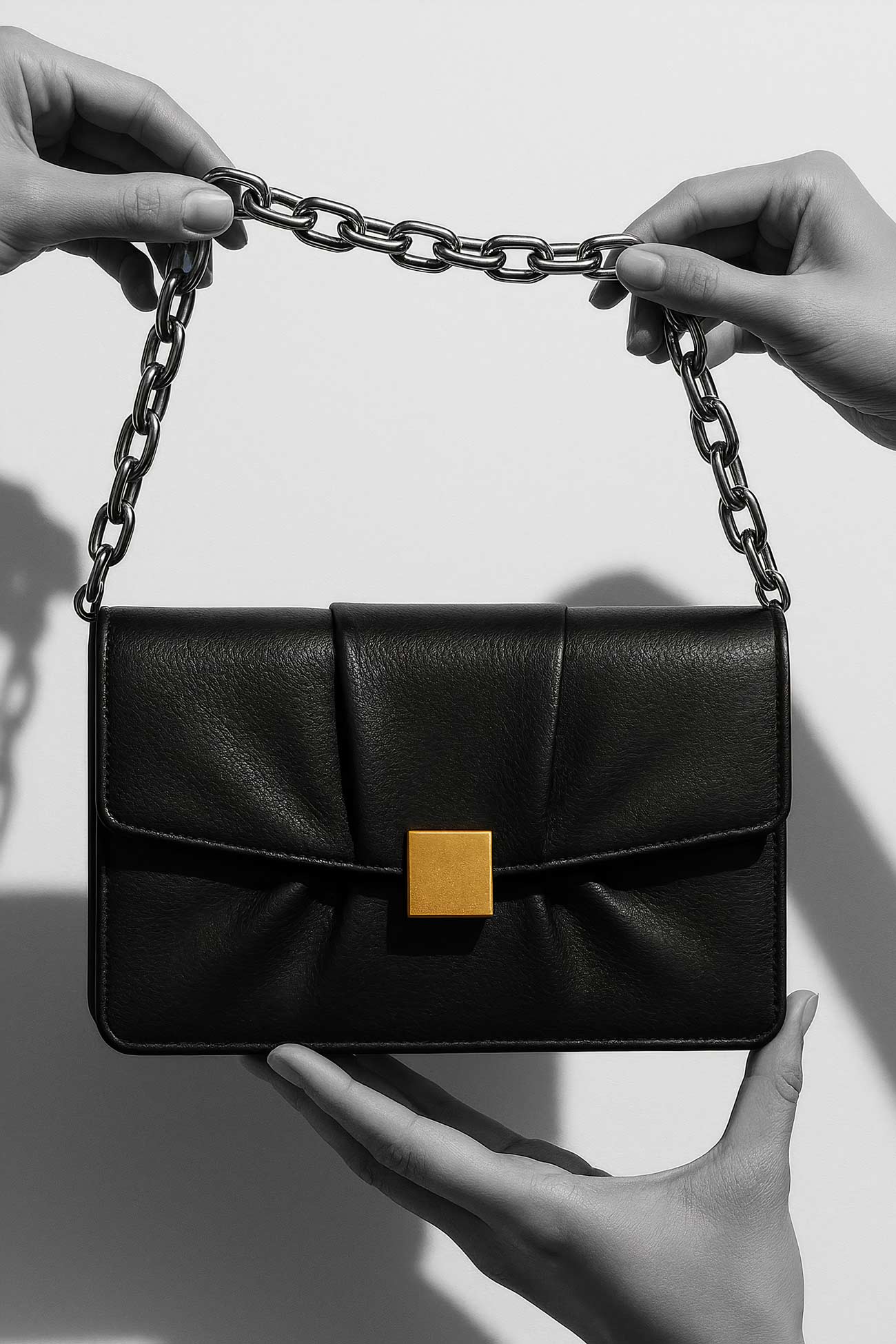 Leather shoulder bag with chain strap and pockets