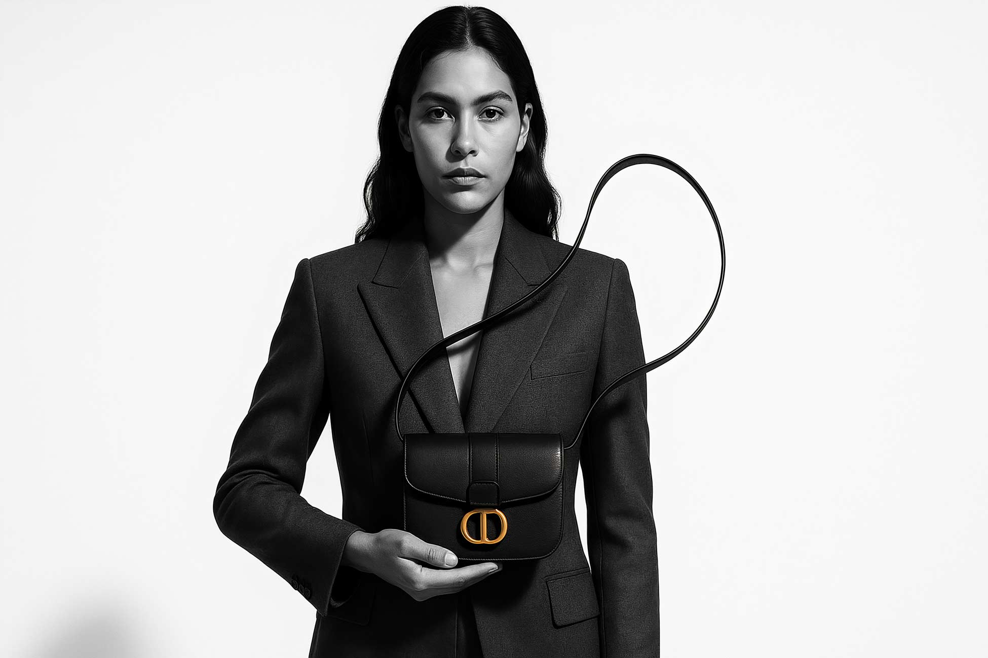 Fashion model standing with leather shoulder bag
