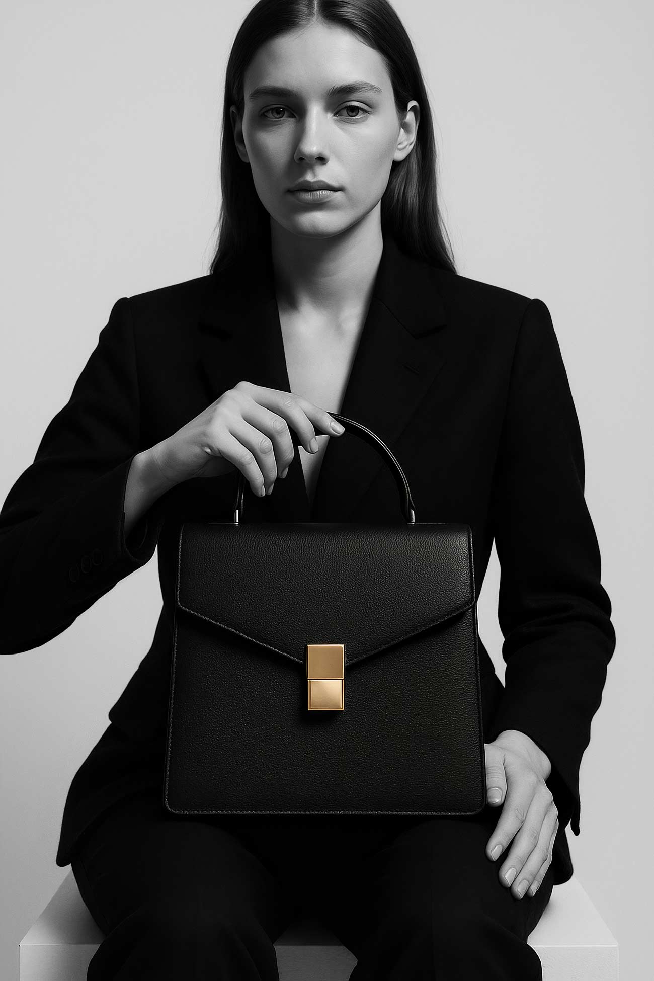 Girl with handbag by classic car door and hood