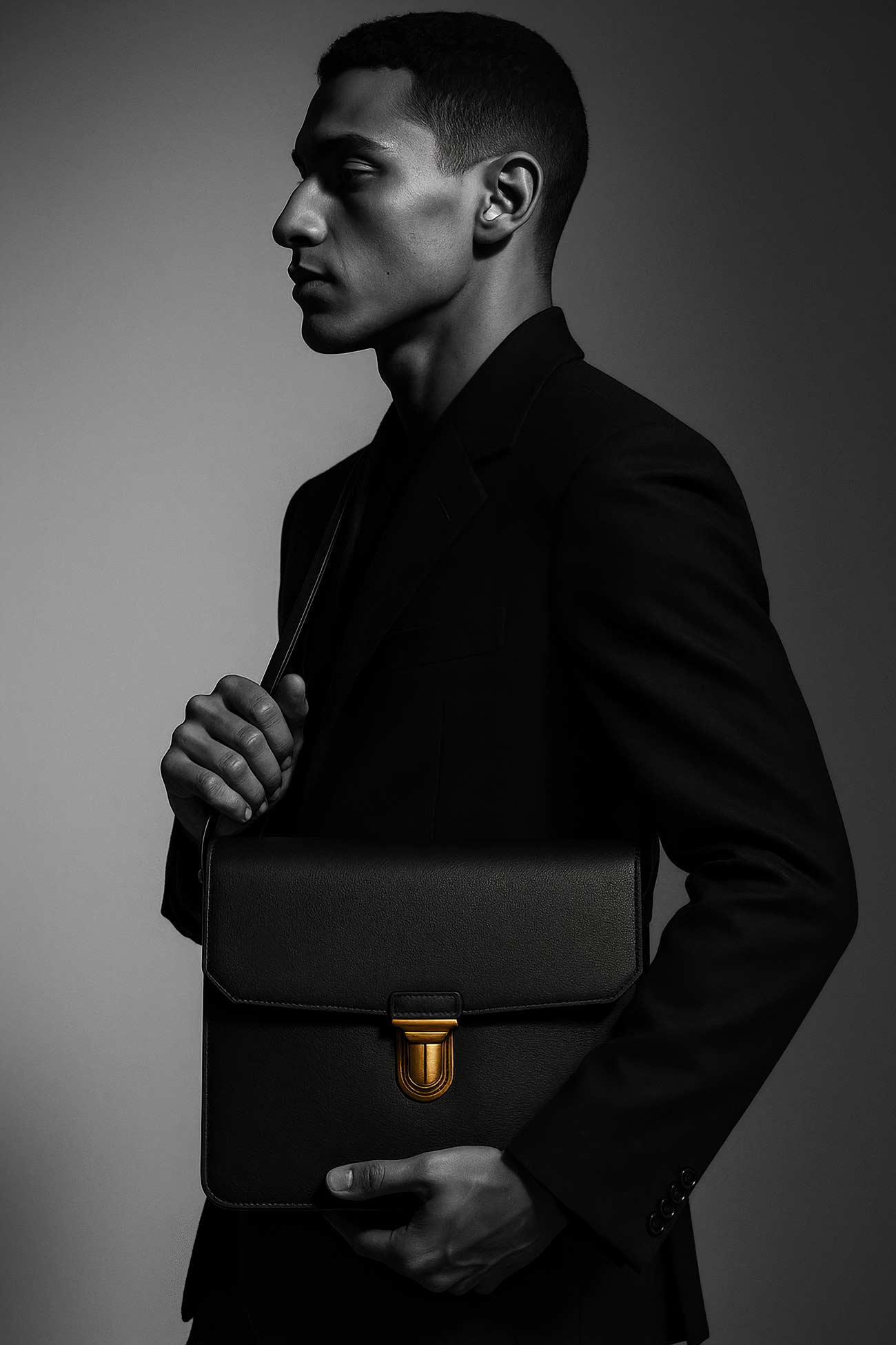 Stylish man in formal wear with beard, holding messenger bag and briefcase