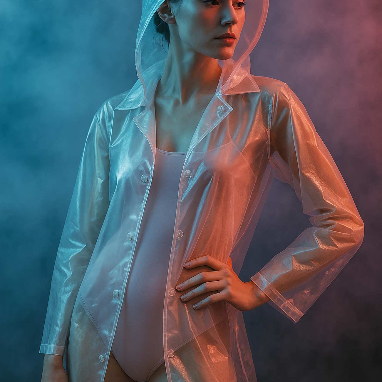 Fashion model in see-through raincoat
