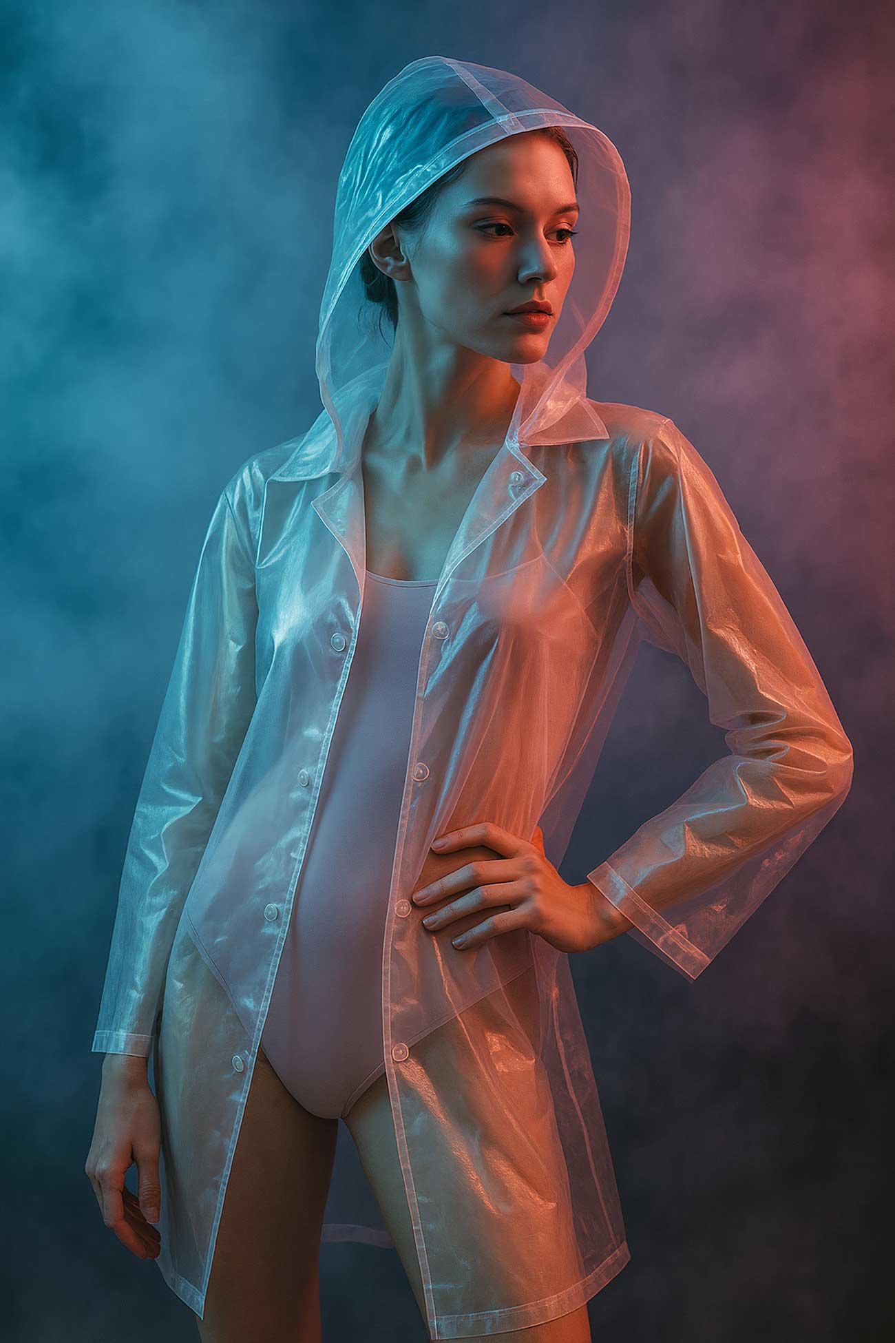 Fashion model in see-through raincoat
