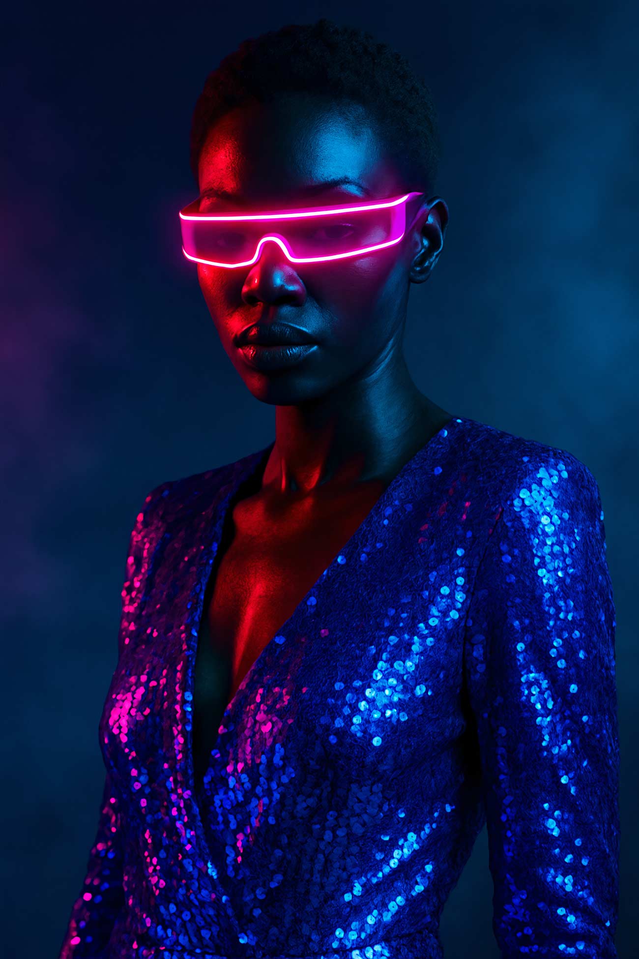 Fashionable model in neon performance attire with goggles and keyboard