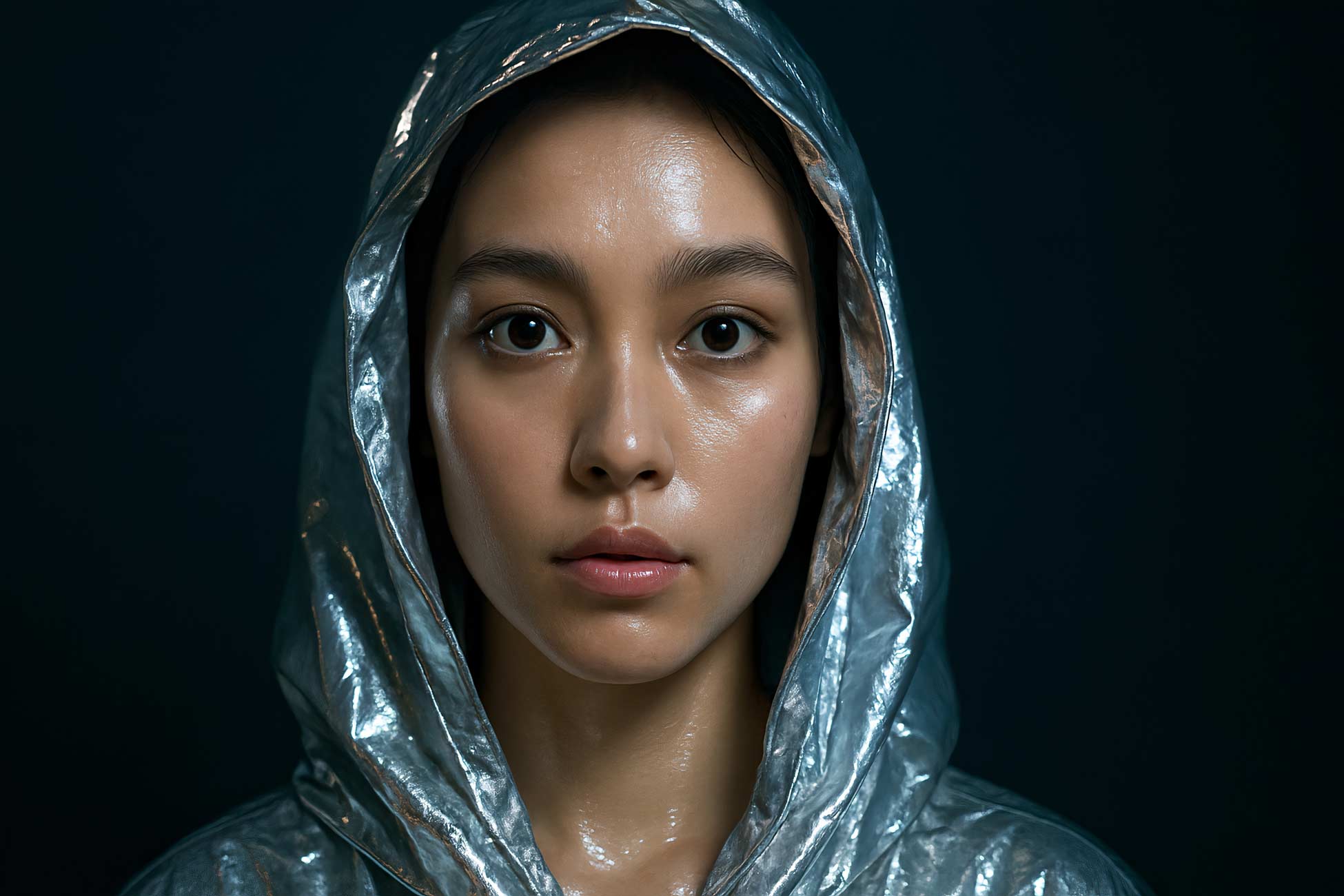 Fashion model portrait with neutral expression and striking eyebrows