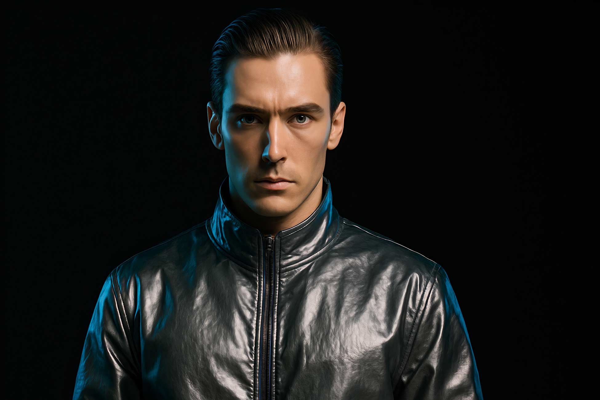 Man in leather jacket with collar and zipper