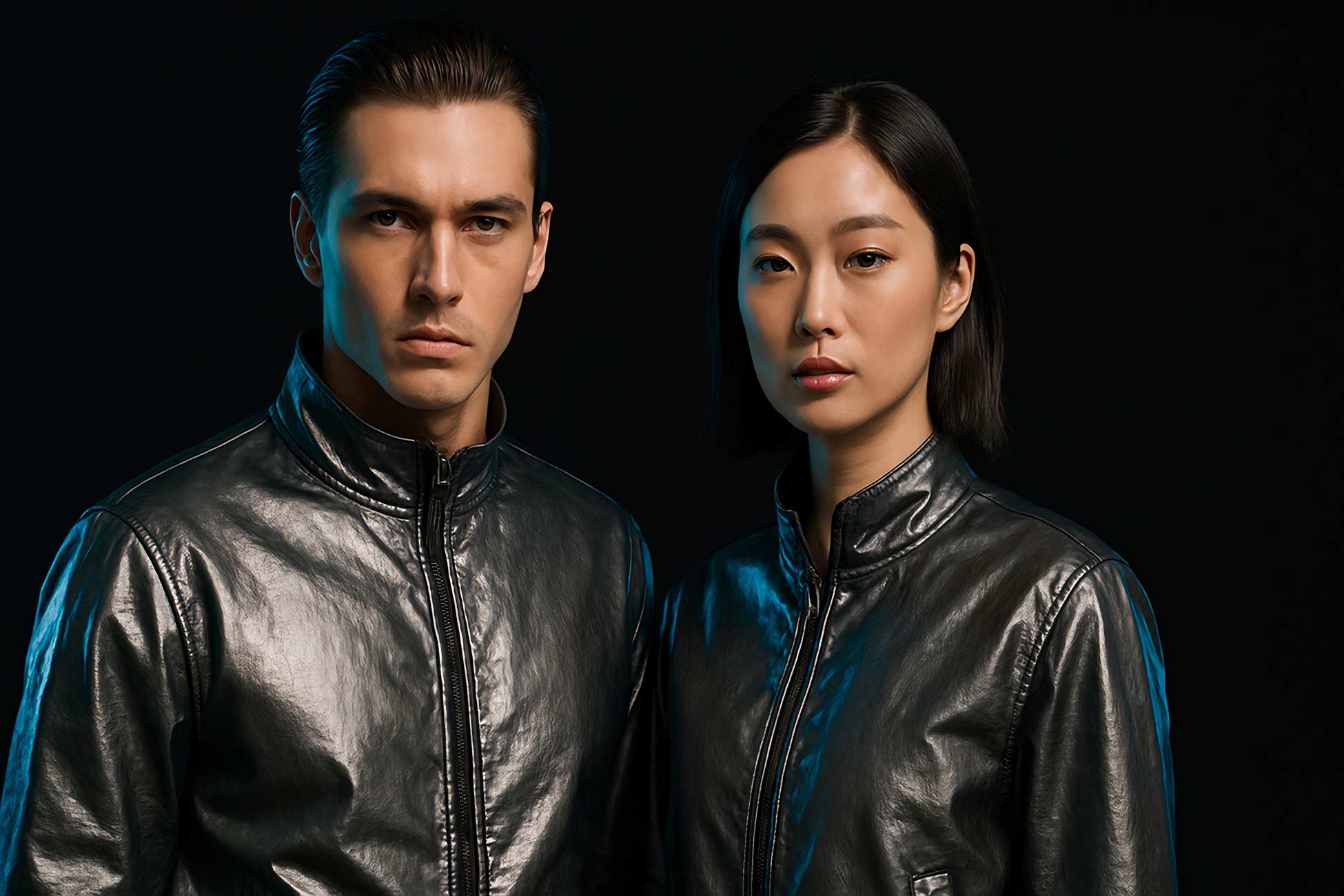 Fashion model in leather jacket with black hair