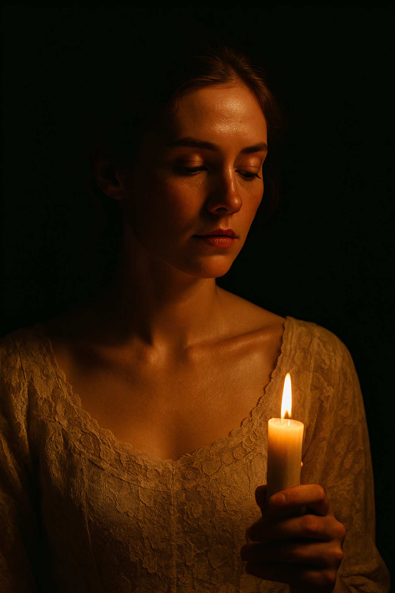 Portrait of a person admiring an advent candle with a gentle flame