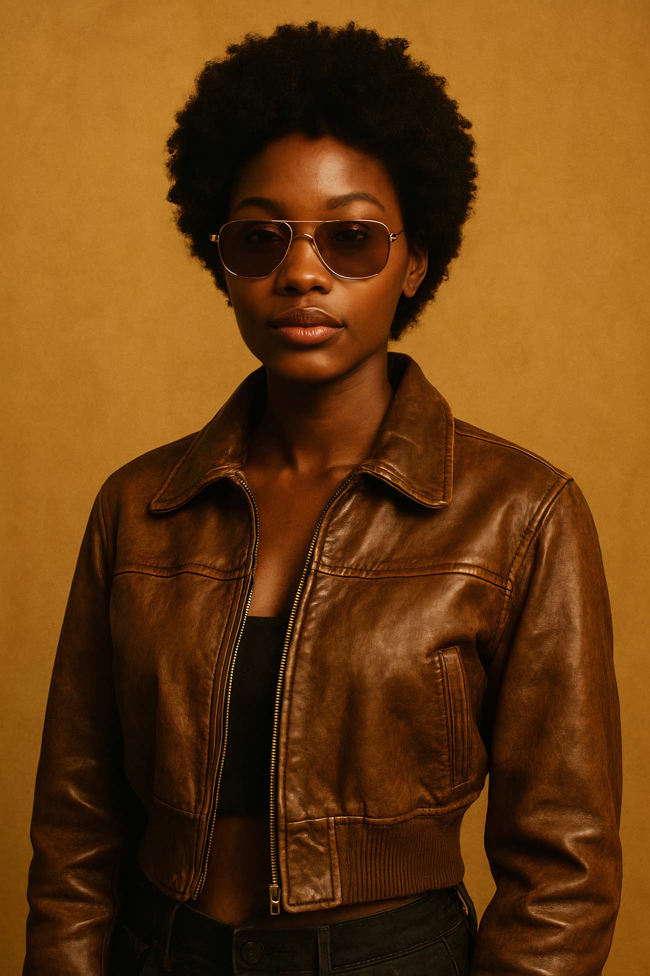 Fashion model in leather jacket with denim sleeves