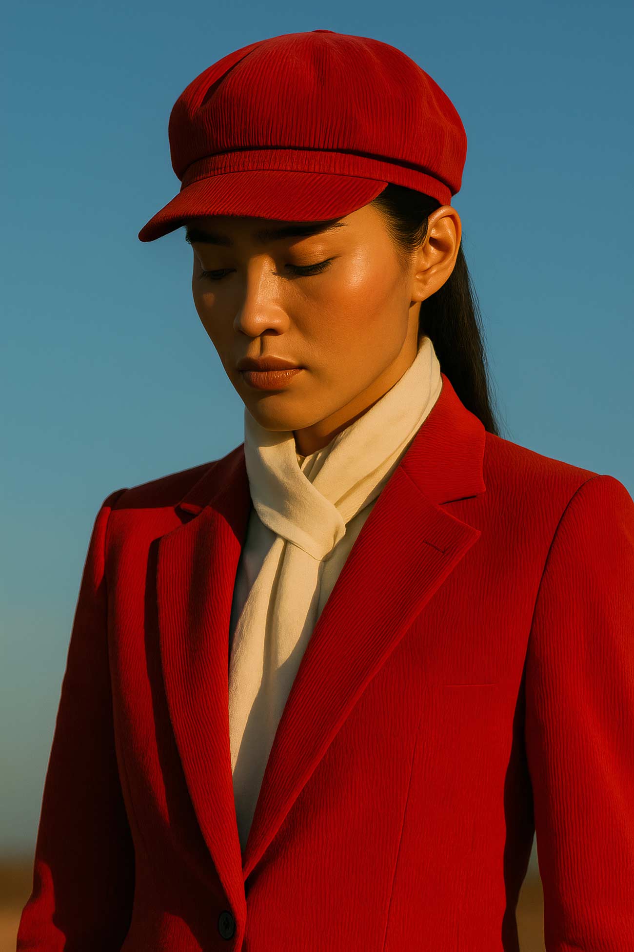Fashion model in red blazer and stylish headgear