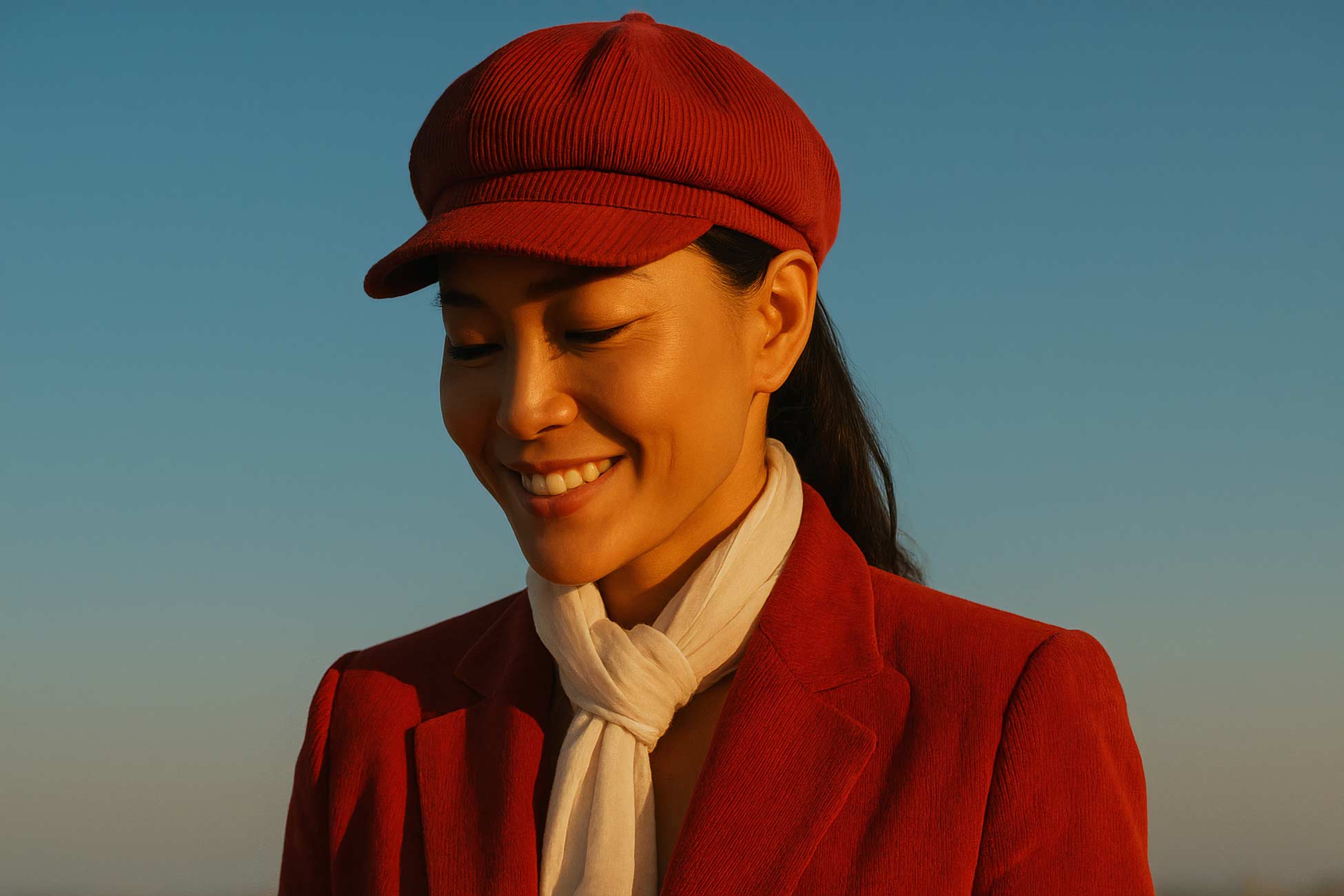 Smiling person in red hat with joyful expression