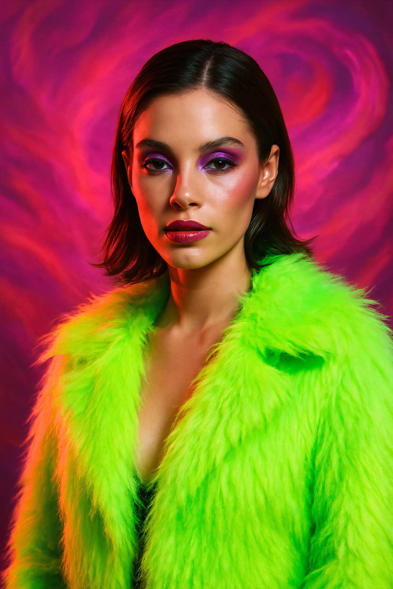 Fashion model in fur clothing with pink makeup