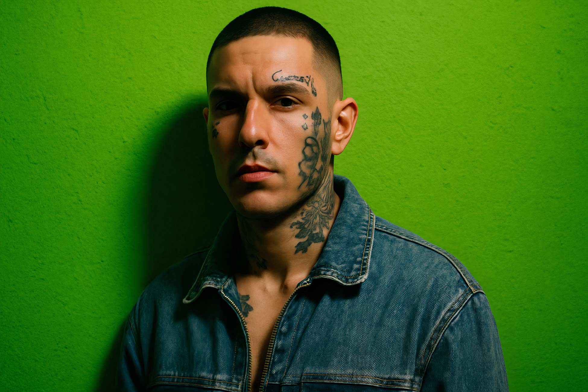 Muscular man with tattoos and crew cut hairstyle