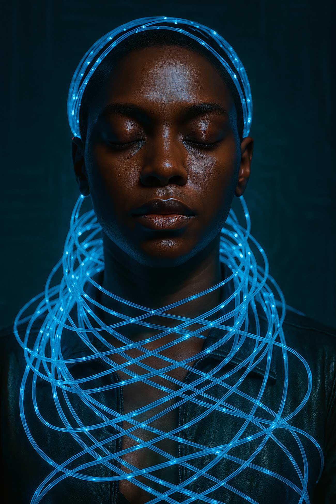 Girl in neon blue wire art