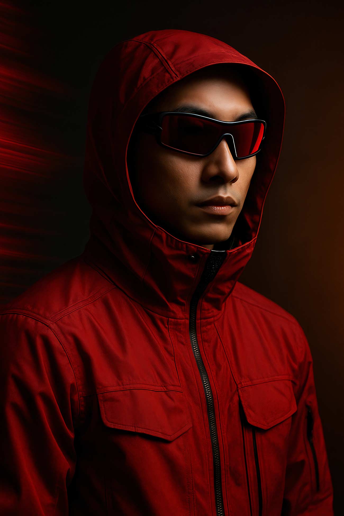 Girl in stylish glasses and windbreaker hood